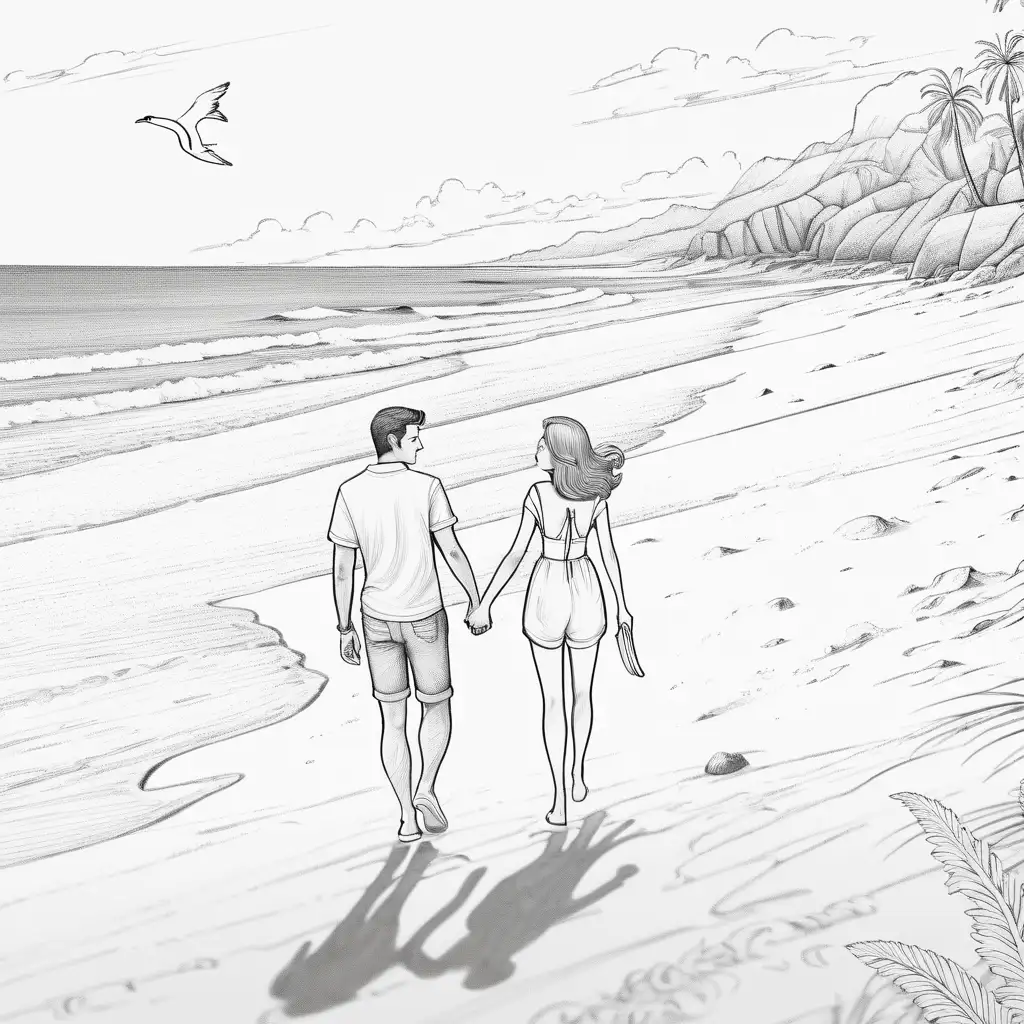 Romantic Couple Beach Coloring Page High Definition 8K Art