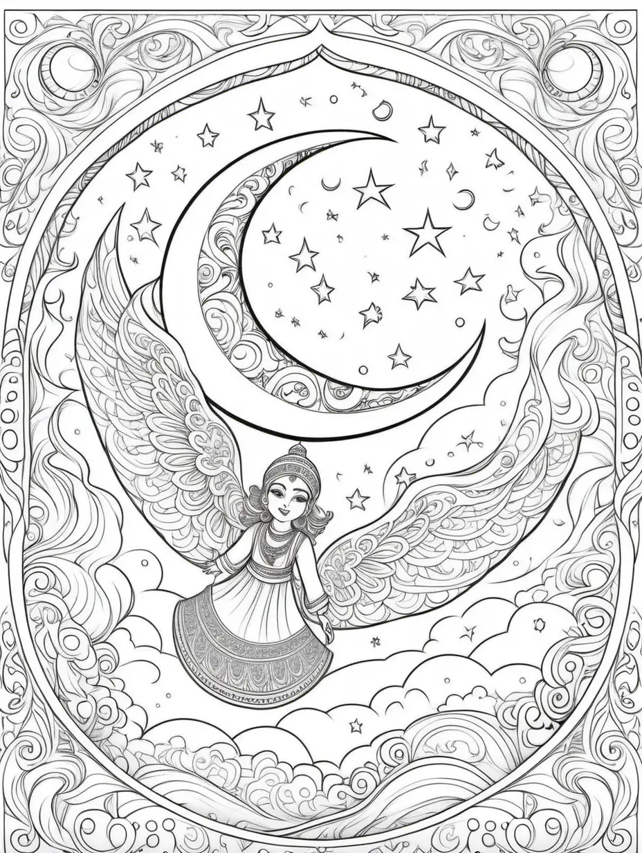 Coloring book pages with much white space that describes all kinds of dreams of the moon dreams of flying carpet rides, genies 