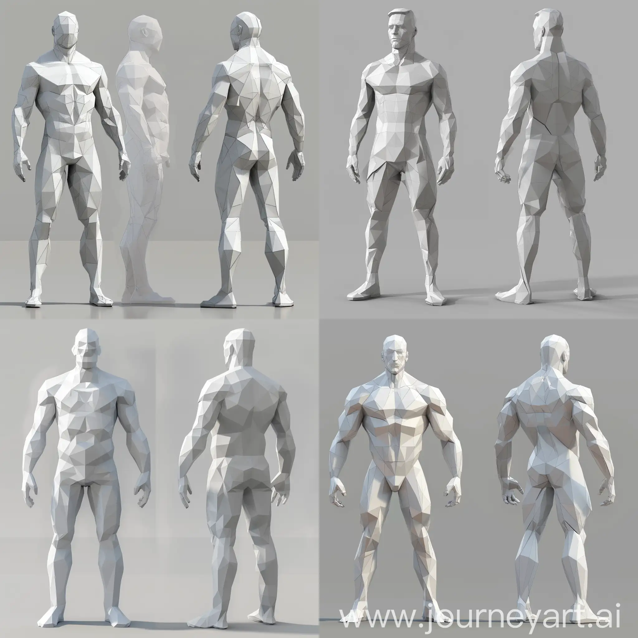 very low poly  and basicaly (must maximum 500 tris) character blender reference front and side full body. Please note that the front side and exactly the right side and left side (I want to use a mirror in the centre) both sides have equal image sizes and are one image with polylines, no light effect no colour, and no shadow.