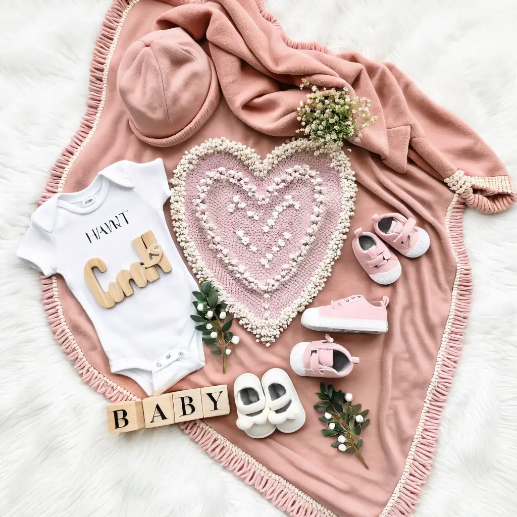 Baby onesie, beanie, pink baby Blanket, Rabbit teddy, wooden beads, wooden blocks, Heart letter board, baby shoes, baby breath flowers, foliage