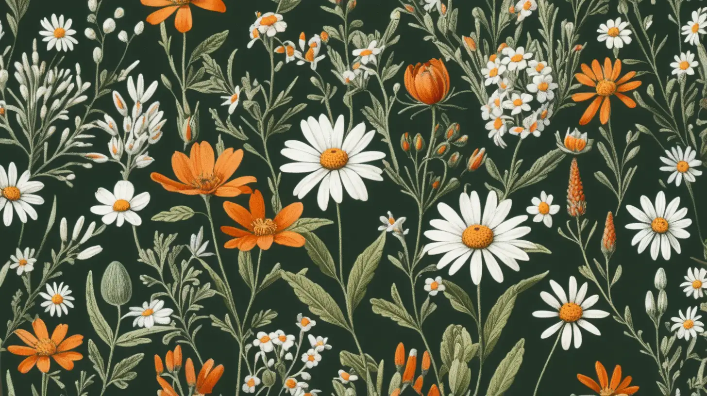 vintage style, wild flowers, many small flowers, botanical, garden, green, dark orange white