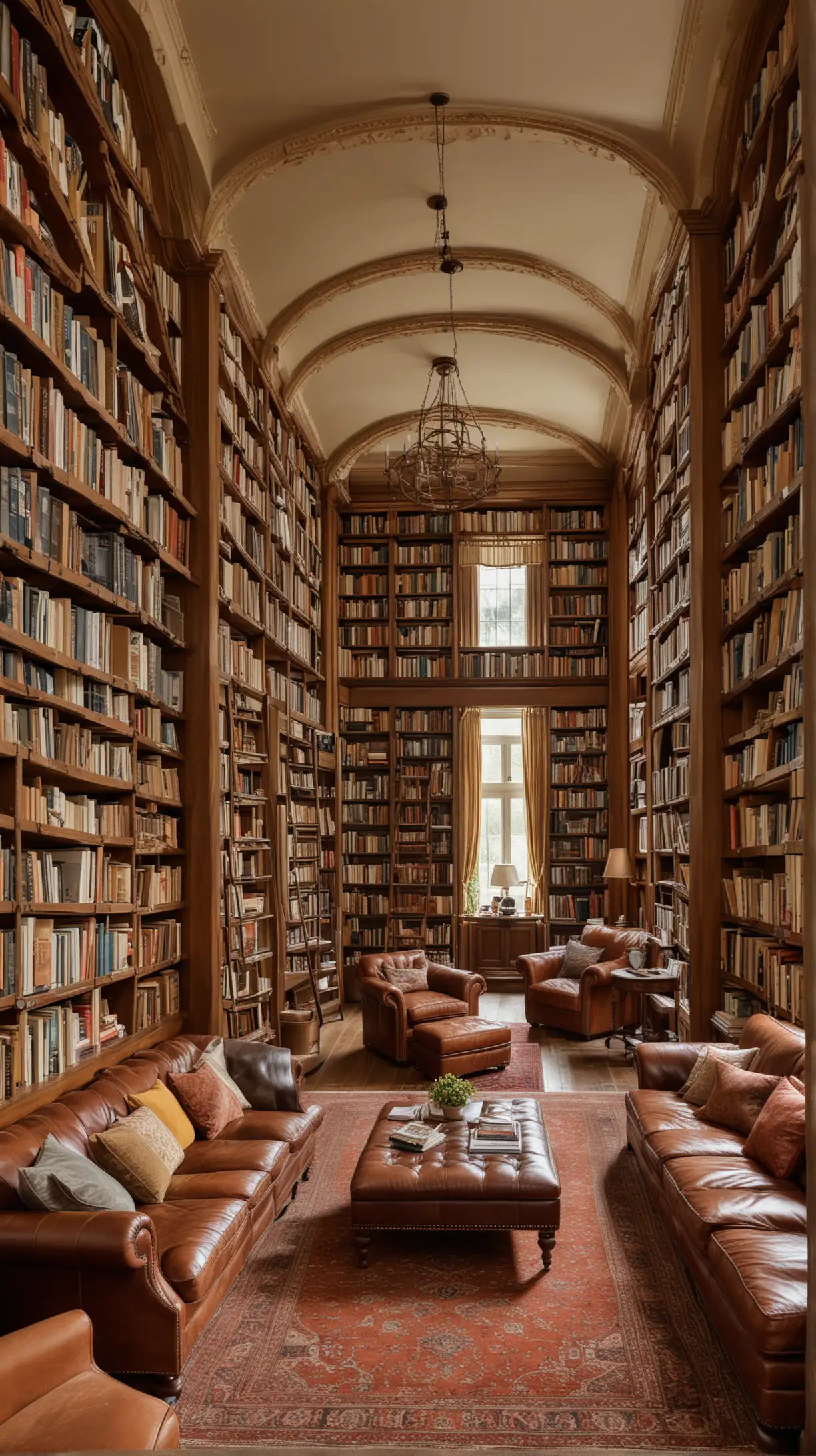 Traditional living room with floor-to-ceiling bookshelves packed with books, creating a library-like atmosphere, complemented by comfortable leather seating.