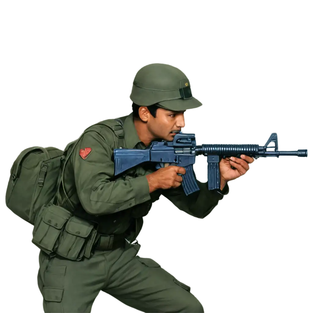 
Indian soldier of the 1990s aiming a gun stick figure like a toy