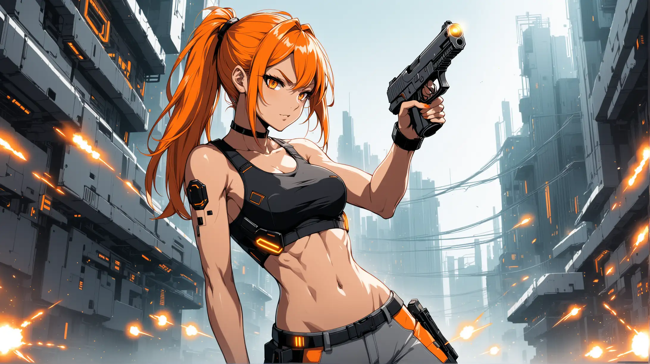 sexy fit 24 year old anime cyberpunk hero girl, orange ponytail, fierce orange eyes, firing handguns in futuristic town, toned body, sexy midriff, short black tank top, grey pants, orange black grey white 4 color minimal design