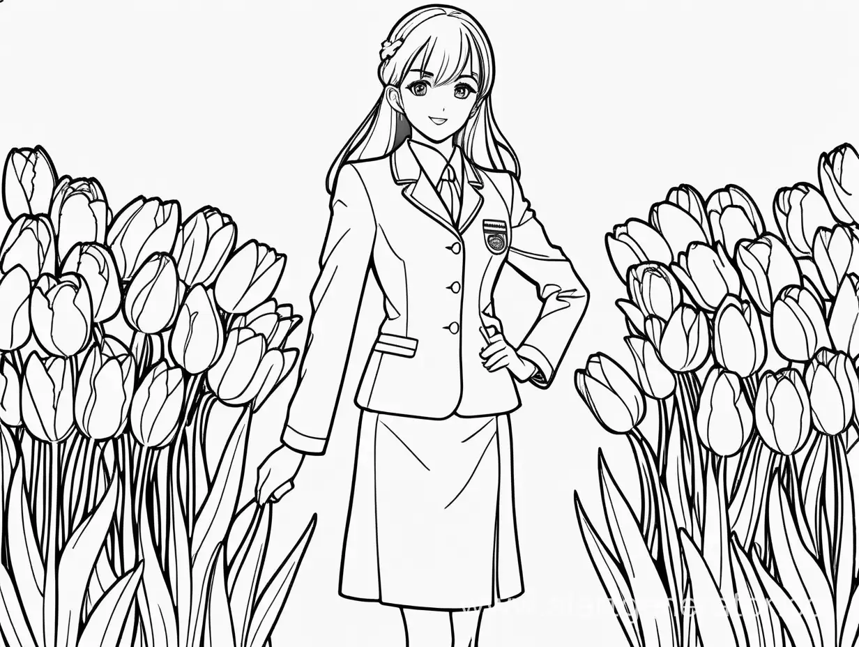 раскраска контуром черно -белым на белом фоне-девушка аниме стюардесса в полный рост в руке тюльпаны 