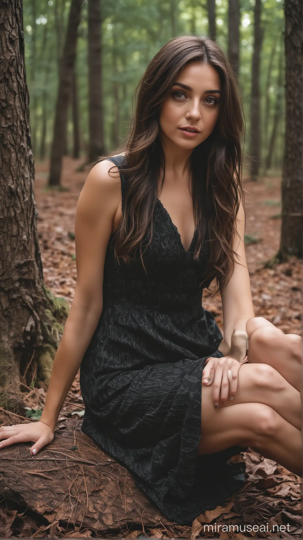 short girl long dark side parted hair hazel eyes sitting in a forest short dress
