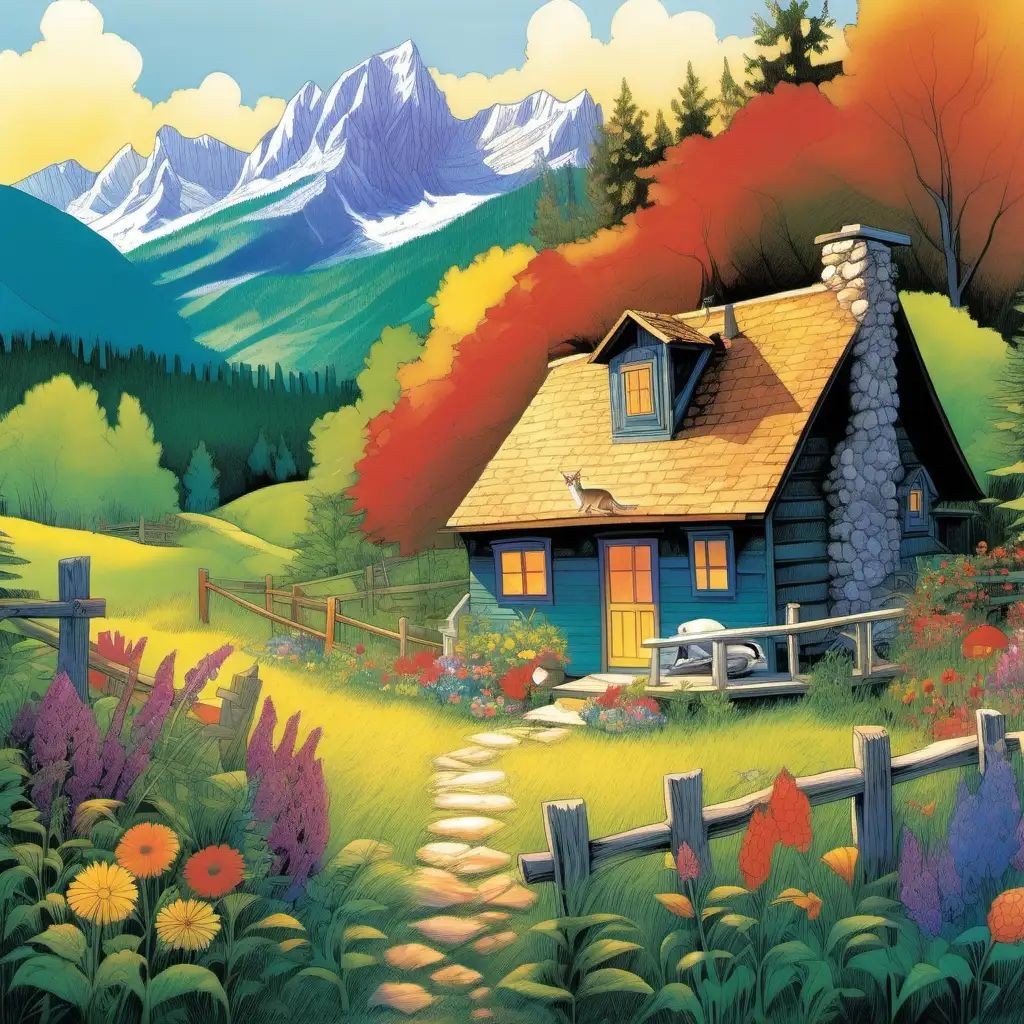 a country cabin set in the mountains in the style of whimsical children's book illustration, animals, flowers and nature behind, large-scale, large-scale brushstrokes, vibrant palettes, robert munsch, gene luen yang, bill jacklin