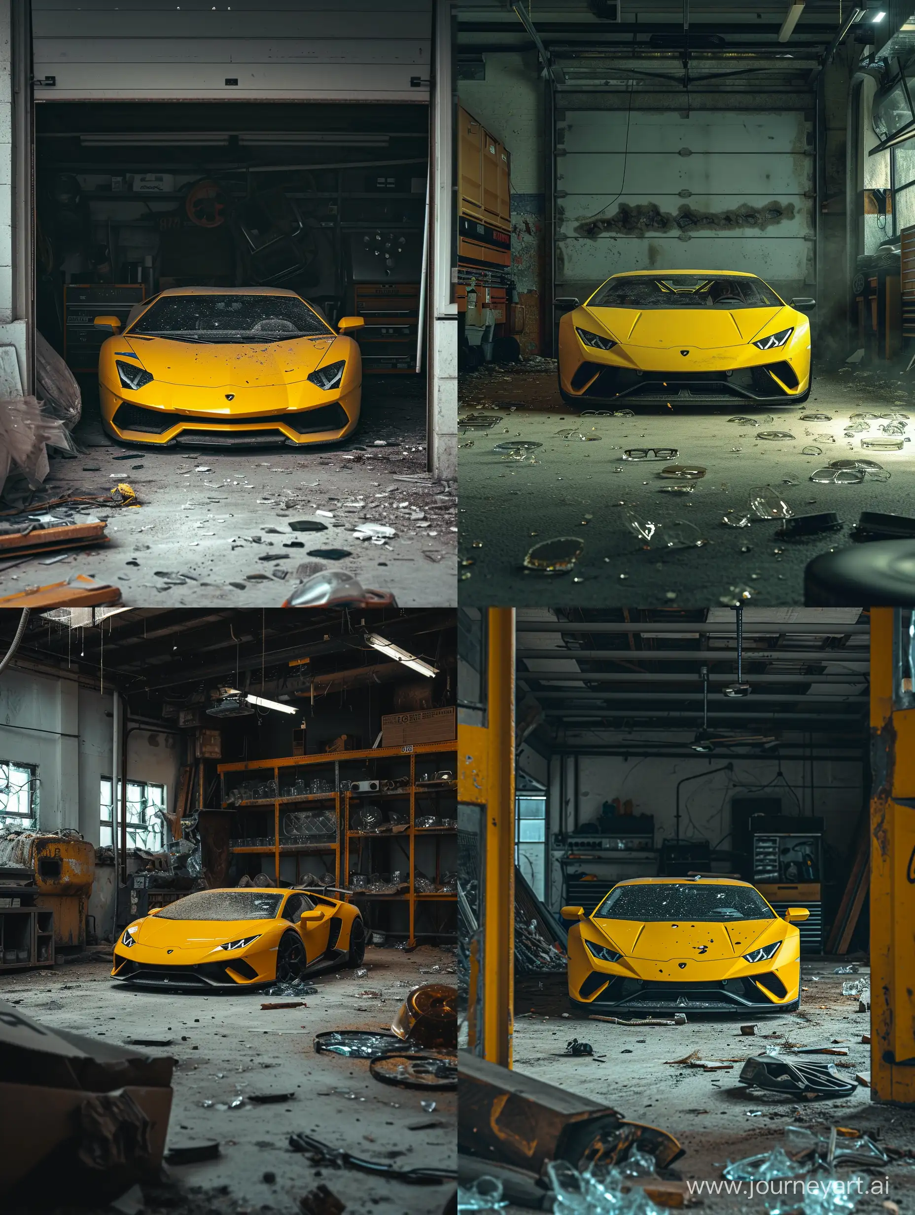 Yellow Lamborghini car in garage full of dust and broken glasses. 8k, midjourney