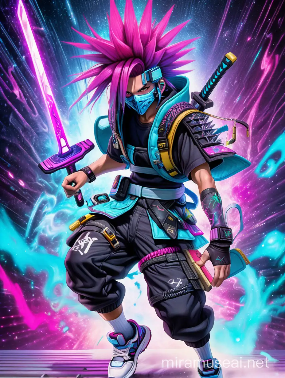 cyberpunk teenage-20s male, spiky dyed hair, face covered by samurai mask, galaxy-themed cyberpunk techwear streetwear armor, low-top hi-tech space travel sneakers, otherworldly astral energy sword, sprinting forward through interdimensional portal, synthwave vaporwave colors, videogame anime character painting splash