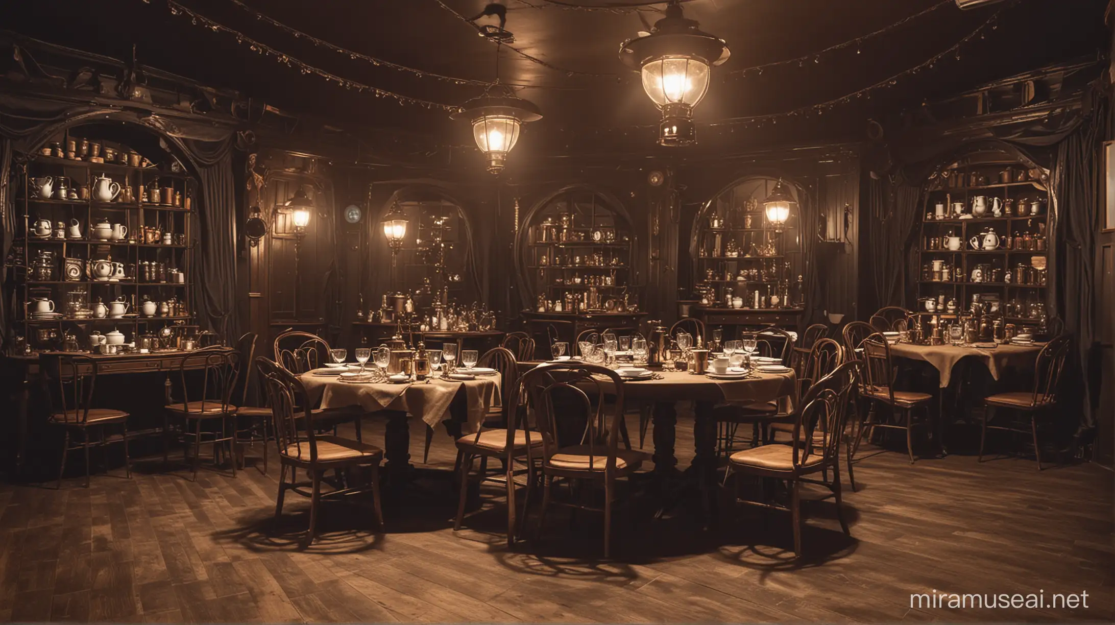 Steampunk TeaHouse Atmosphere with Round Tables and Dim Lighting