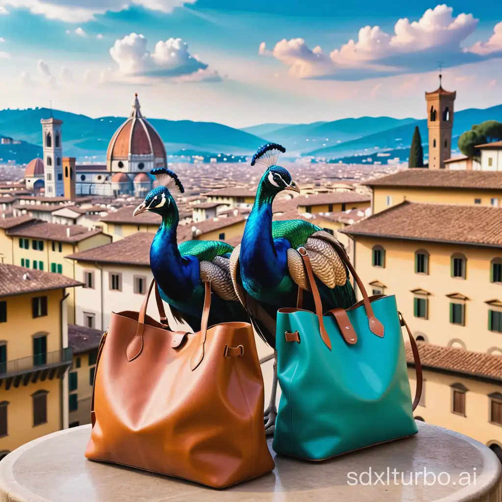 Two peacock in front or city of Florence with modern bag