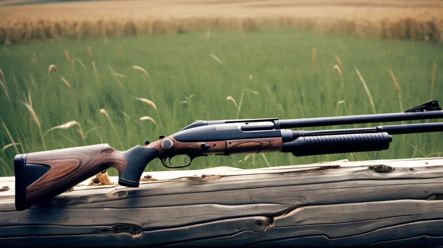 benelli shotgun on wooden log, blurry hayfield background