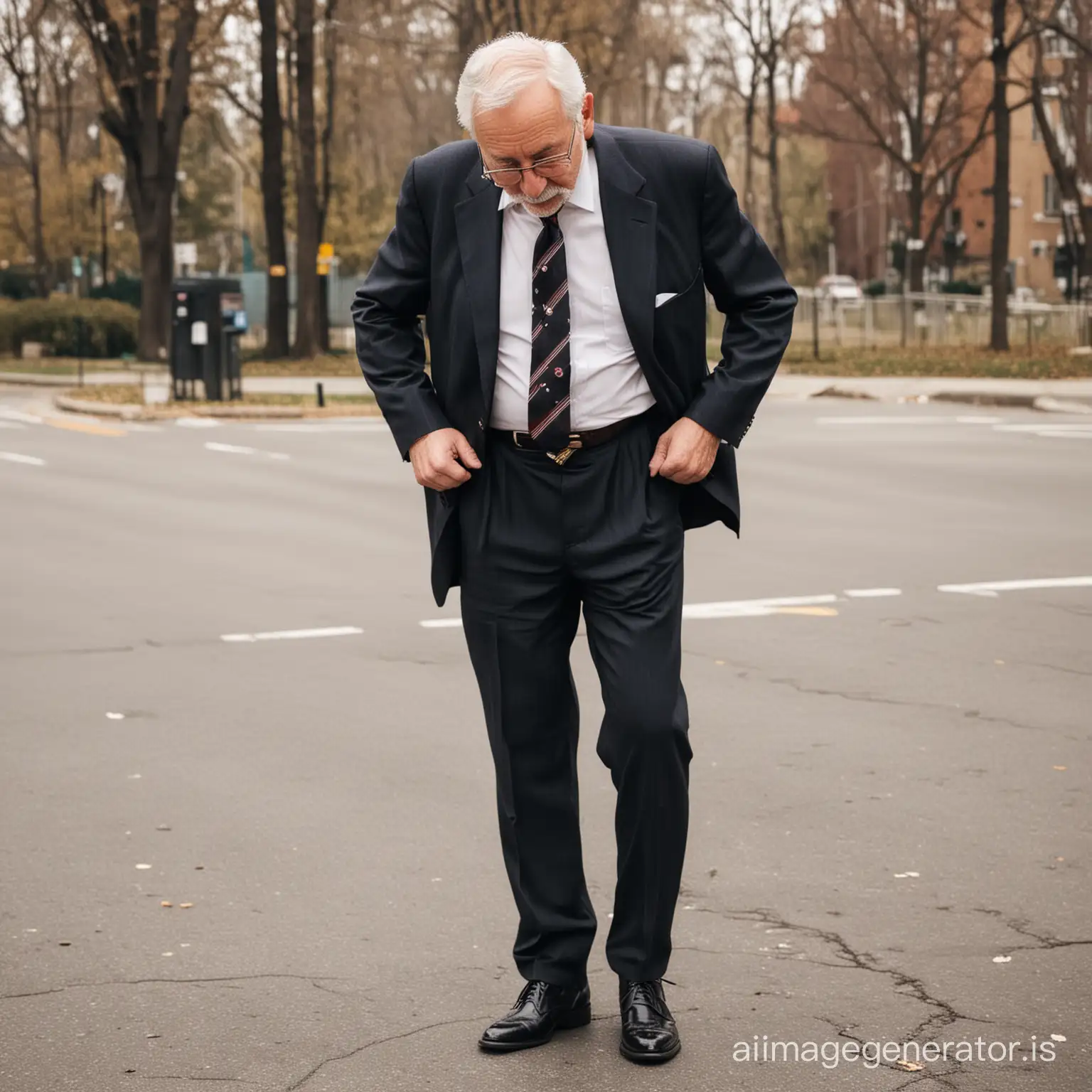 A well-dressed grandpa is pissing in his dress pants.