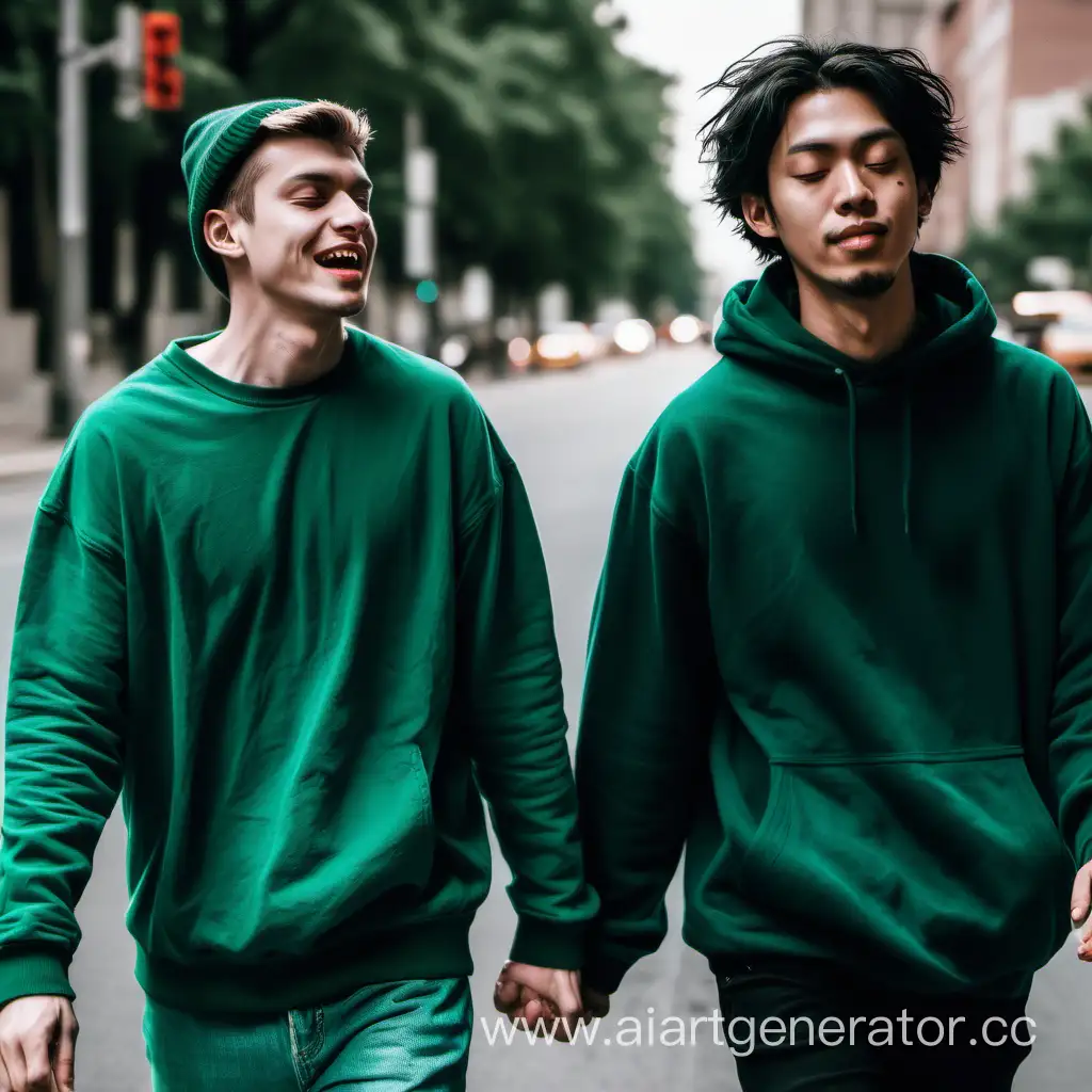 два человека на улице идут один с высоким дофамином другой с низким в темно-зеленом цвете оба парни
