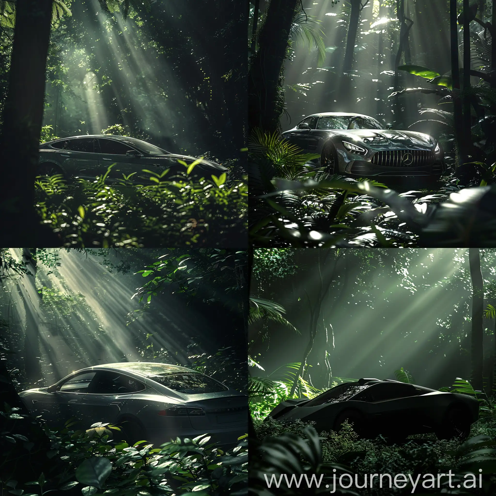 Dramatic Lighting: Harness the interplay of light and shadow to create a sense of drama and mystique. Use natural light filtering through dense foliage or artificial lighting to accentuate the car's contours and evoke a sense of awe