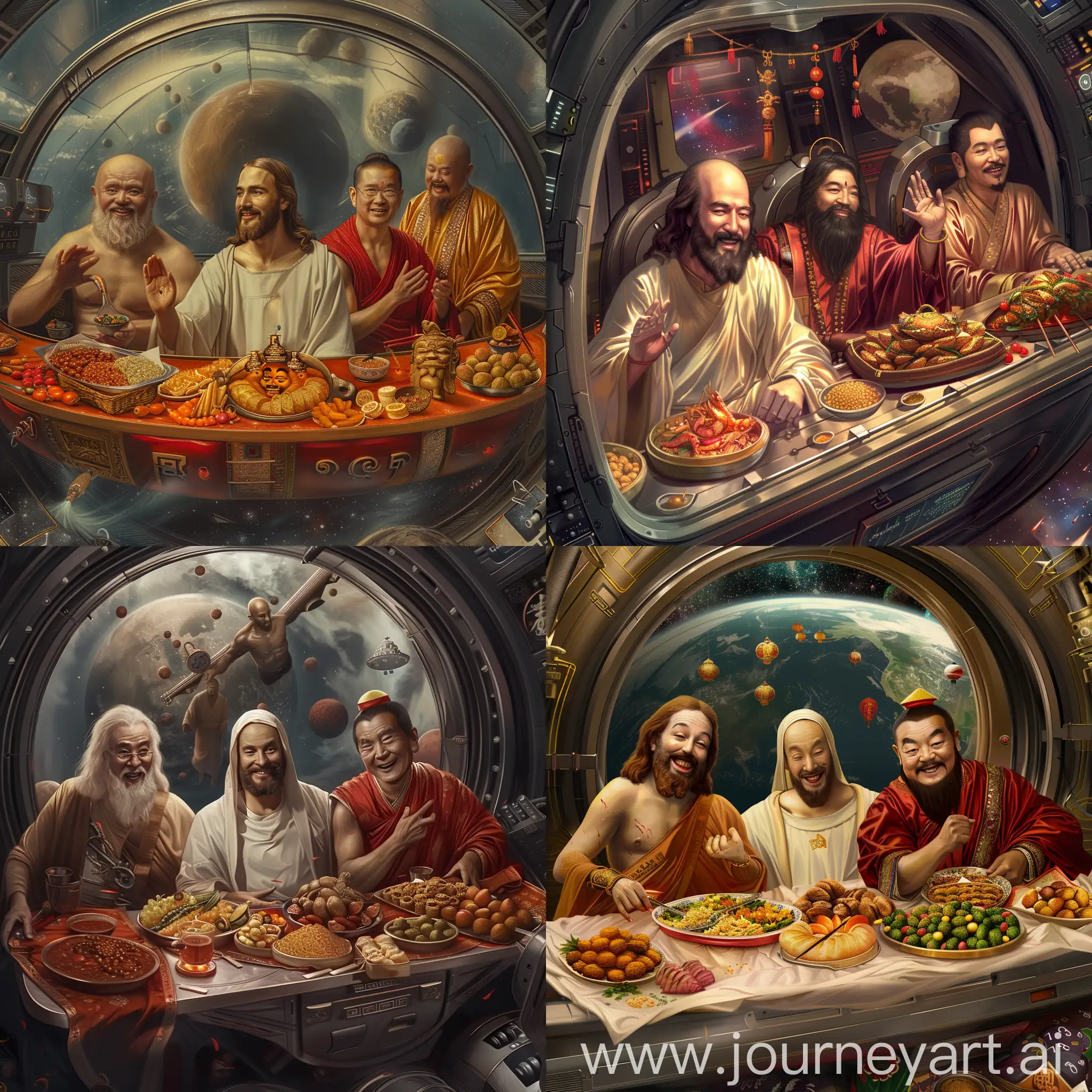 Greek Pluto, Jesus, Indian Buddha, Chinese Confucius, they are smiling and sitting together inside a Spaceship, with Chinese new year foods on the table