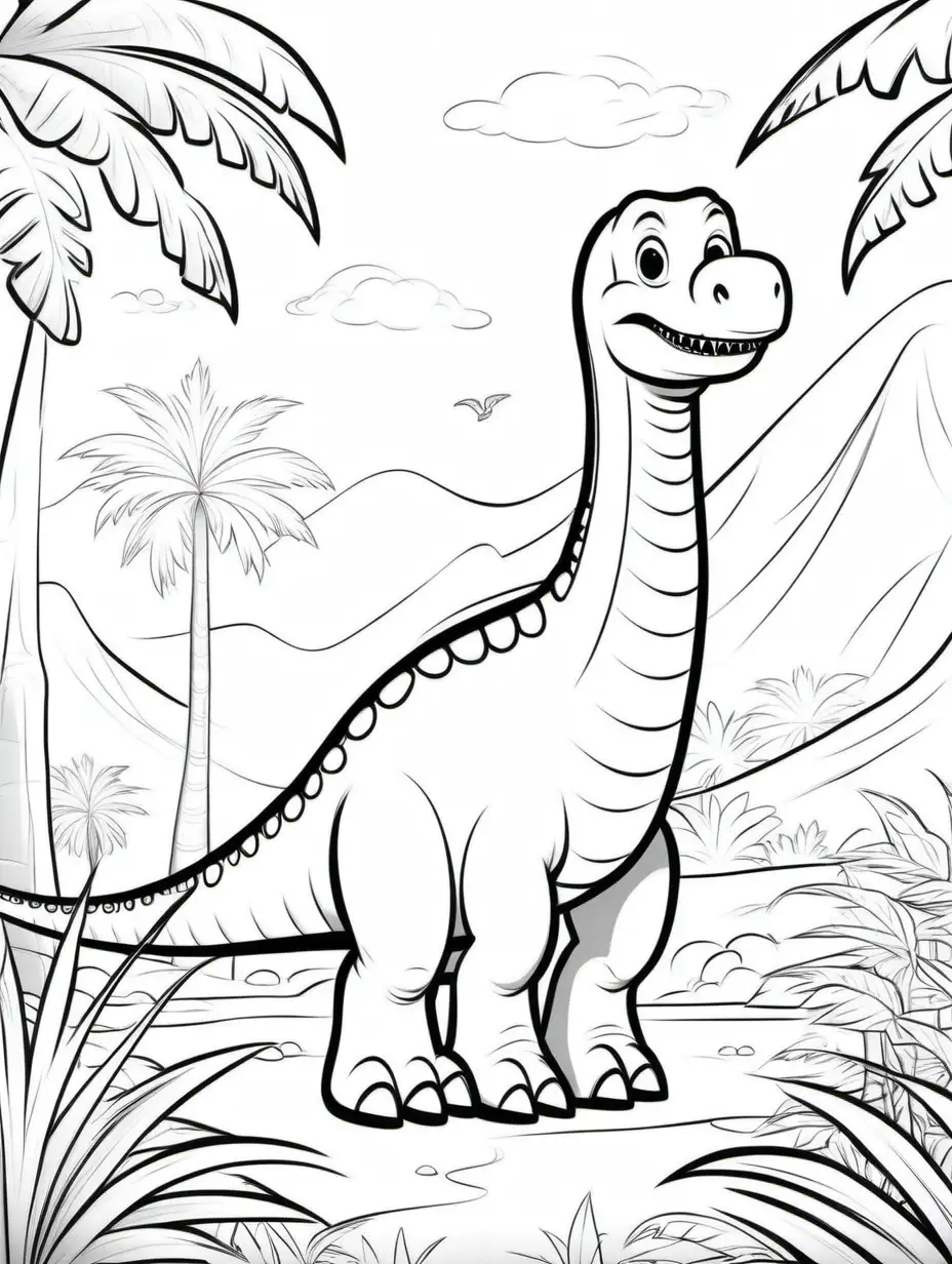 please draw me a sweet cartoon-style Diplodocus - designed for a children's coloring book, age 3-5. Dimension of the page: 21 x 29,7 cm, upright. Only write background. Text below: T-Rex. Printing standard