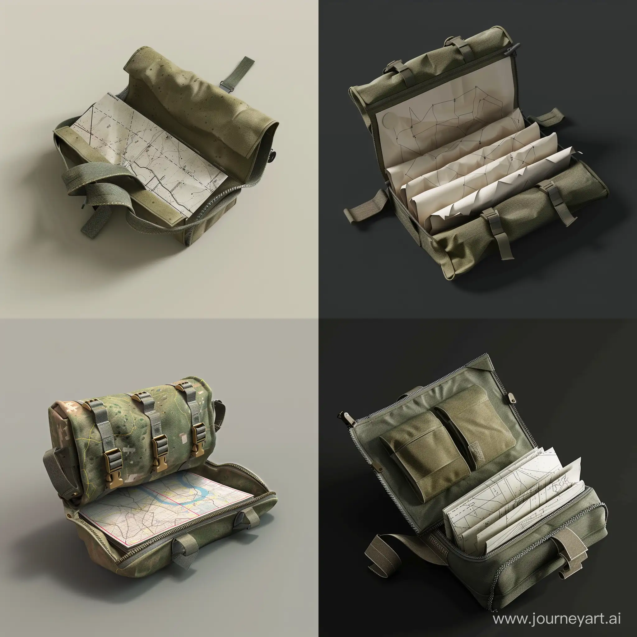 isometric military mapping kit folded paper in small opened military pouch, 3d render, no background, stalker style