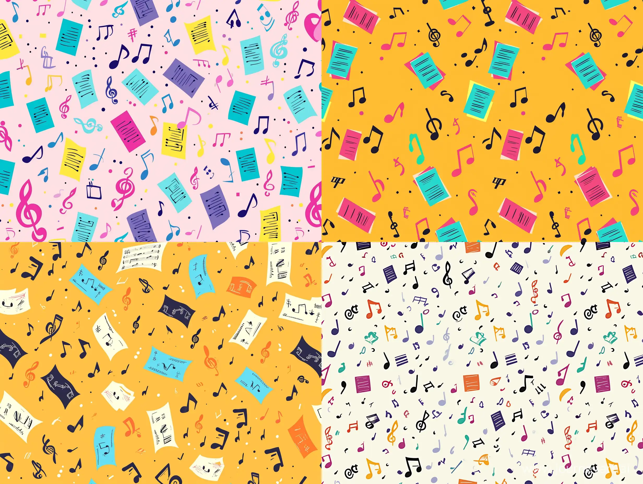 pattern of small notes, whole, eighth, sixteenth, same size, pop art style, caricature, cartoon style
