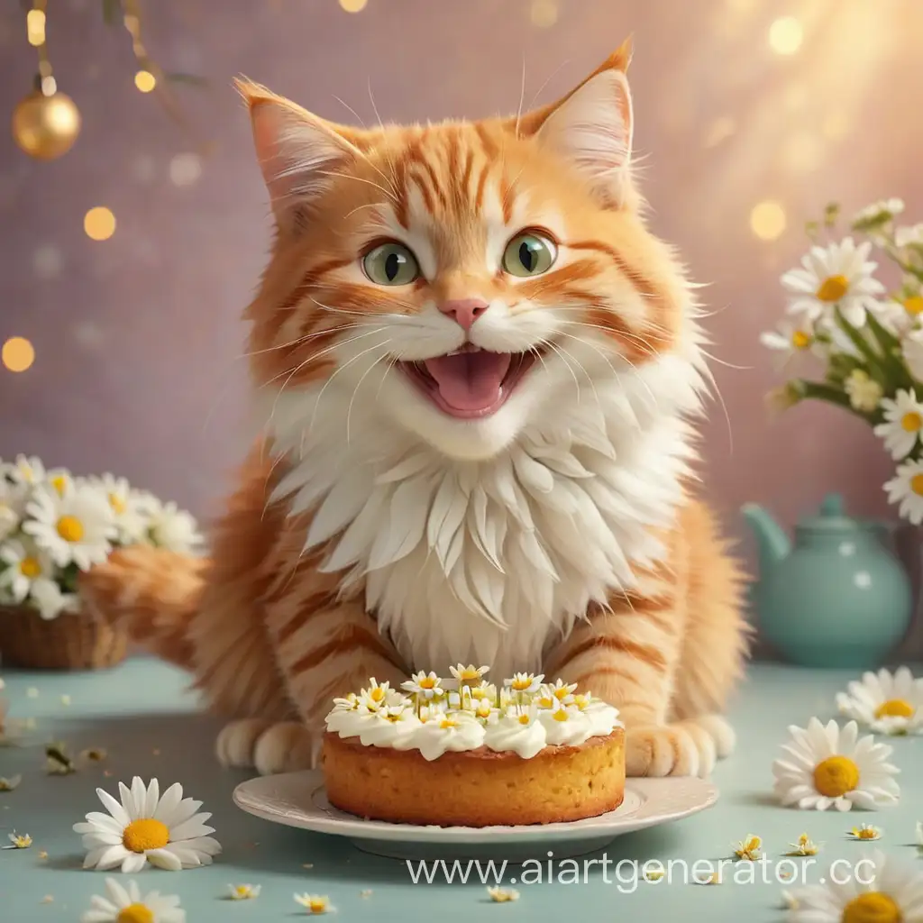 Smiling-Ginger-Cat-Holding-Bouquet-and-Cake-in-Pastel-Festive-Scene