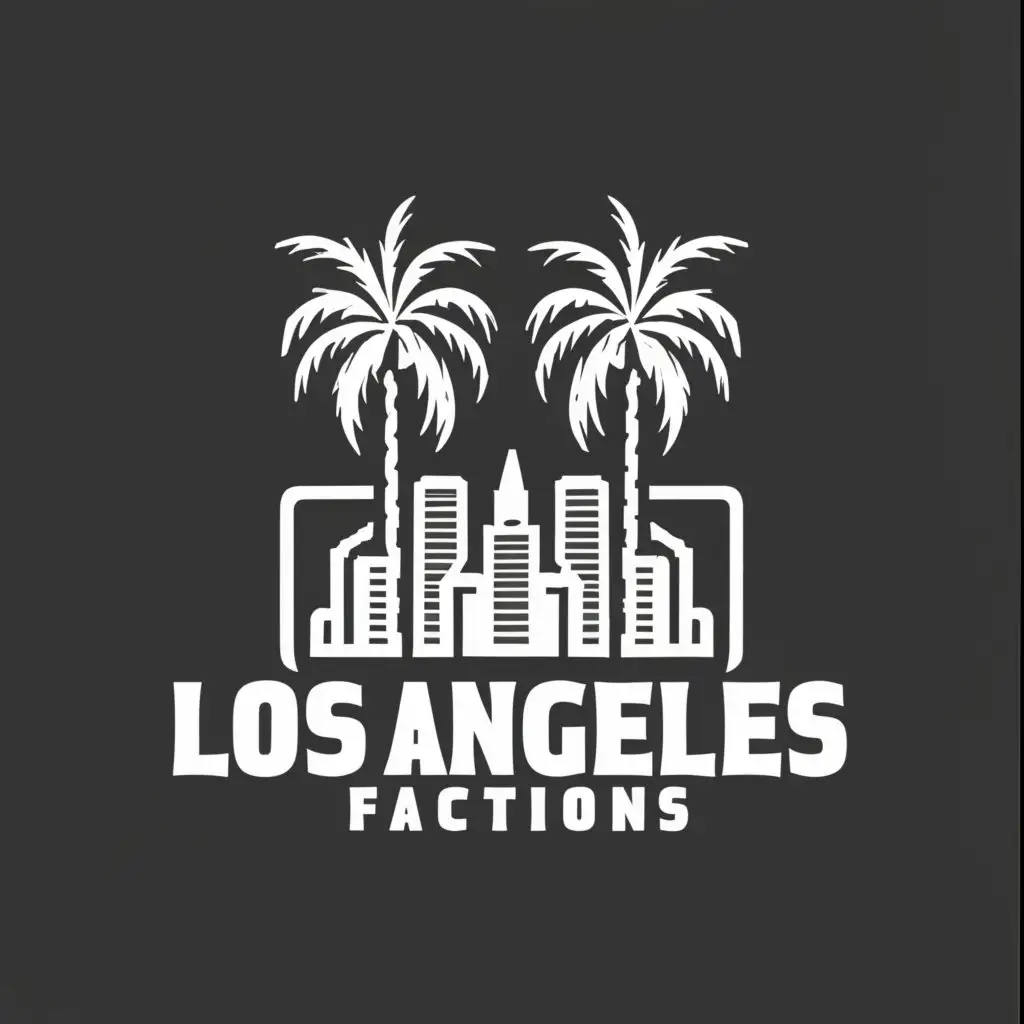 a logo design,with the text "Los Angeles Factions", main symbol:Two white palm trees with a black background,complex,clear background