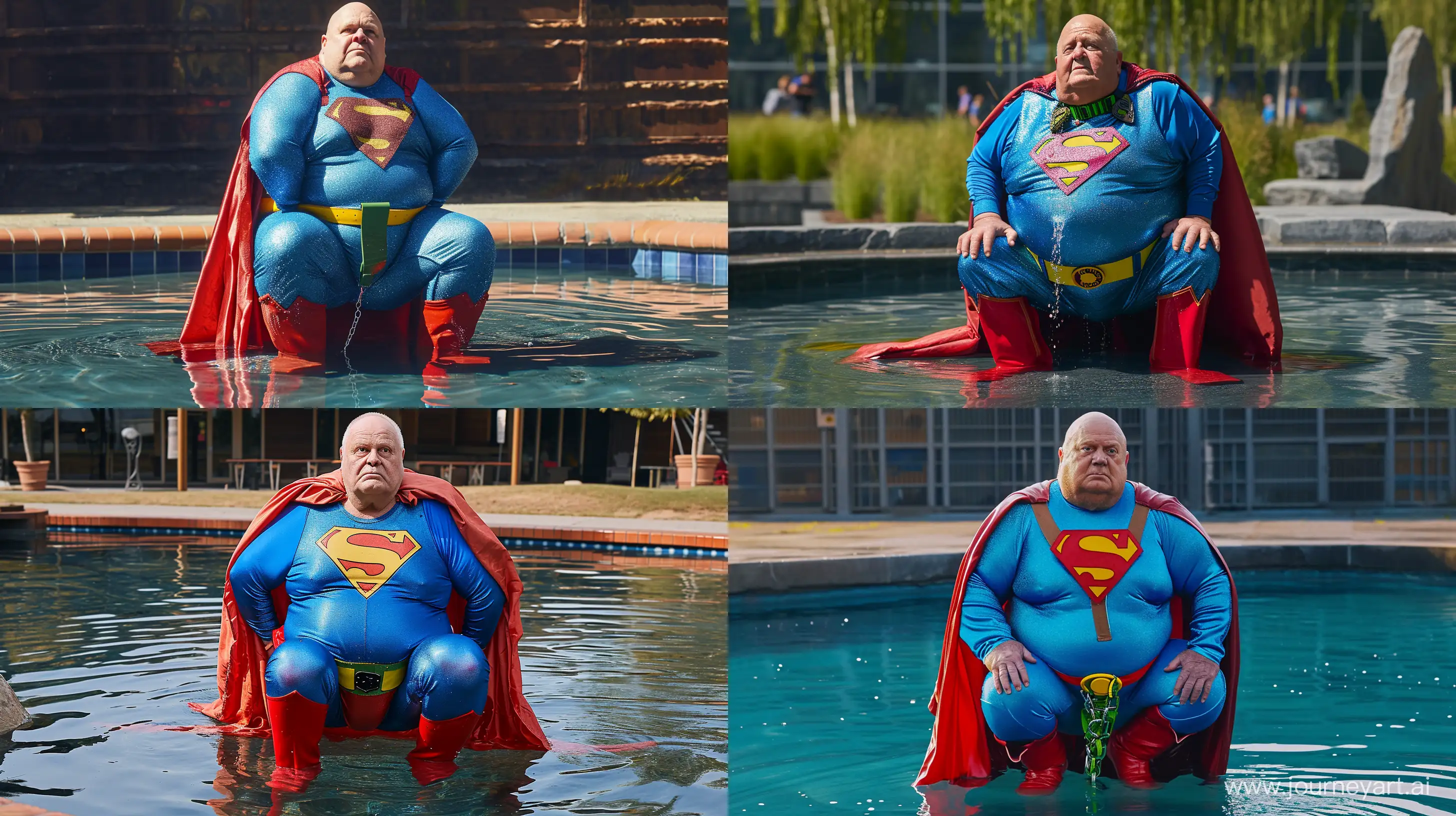 Photo of a chubby man aged 70 kneeling in a shallow pool. He is wearing a slightly shiny blue superman costume with a big red cape, red boots,  blue shirt, blue pants, yellow belt and red trunks. He wears a heavy shiny green dog collar on his neck. --style raw --ar 16:9 --v 6