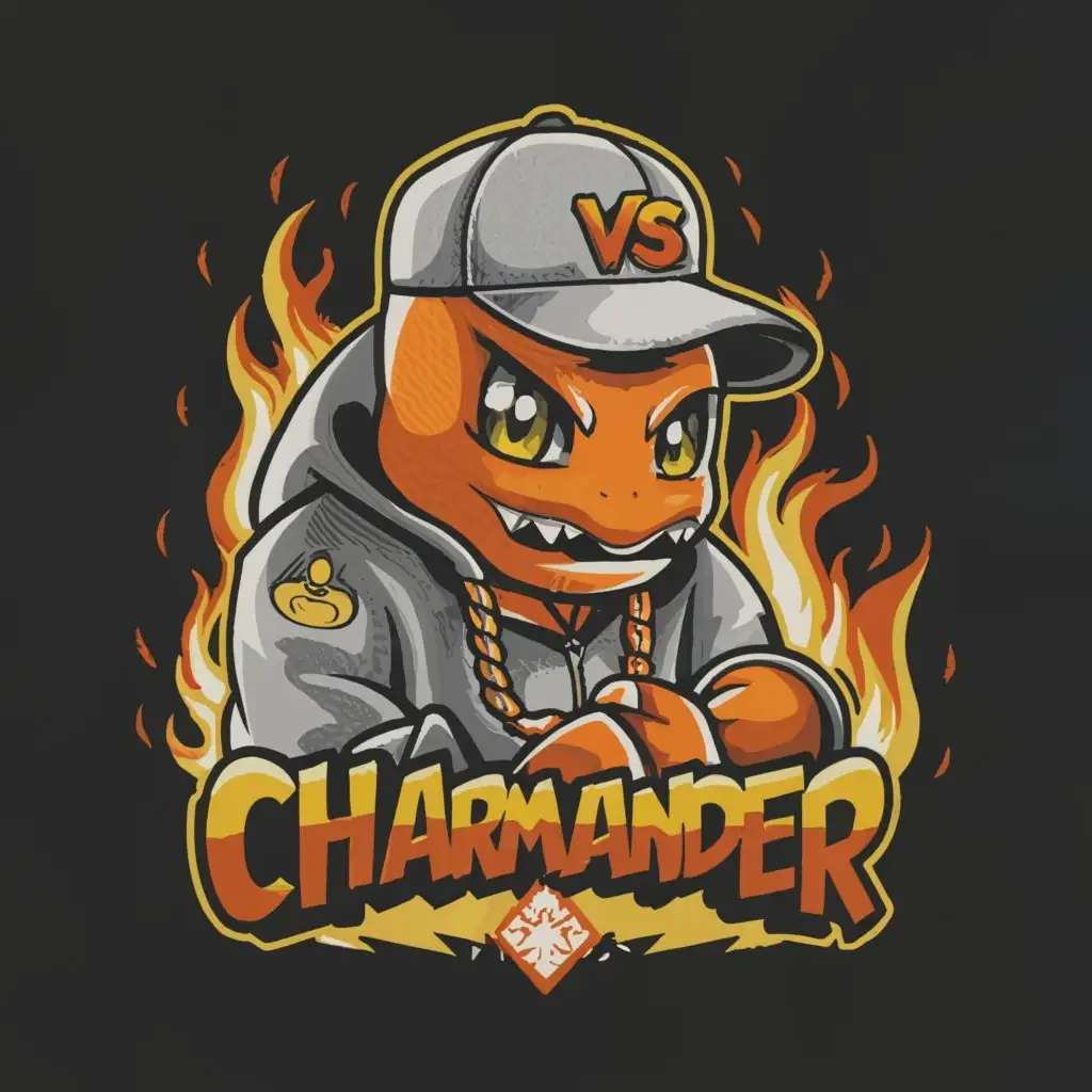a logo design,with the text 'CharaPuf', main symbol: Create a logo showing Charmander dressed as a rapper. The character is full of jewelry and looks very shady and criminal. He's wearing a black Balenciaga hoodie and a VVS diamond necklace, surrounded by gray buildings and police cars. The logo is circular and for Telegram, so make everything very stoned.,complex,be used in Internet industry,clear black background