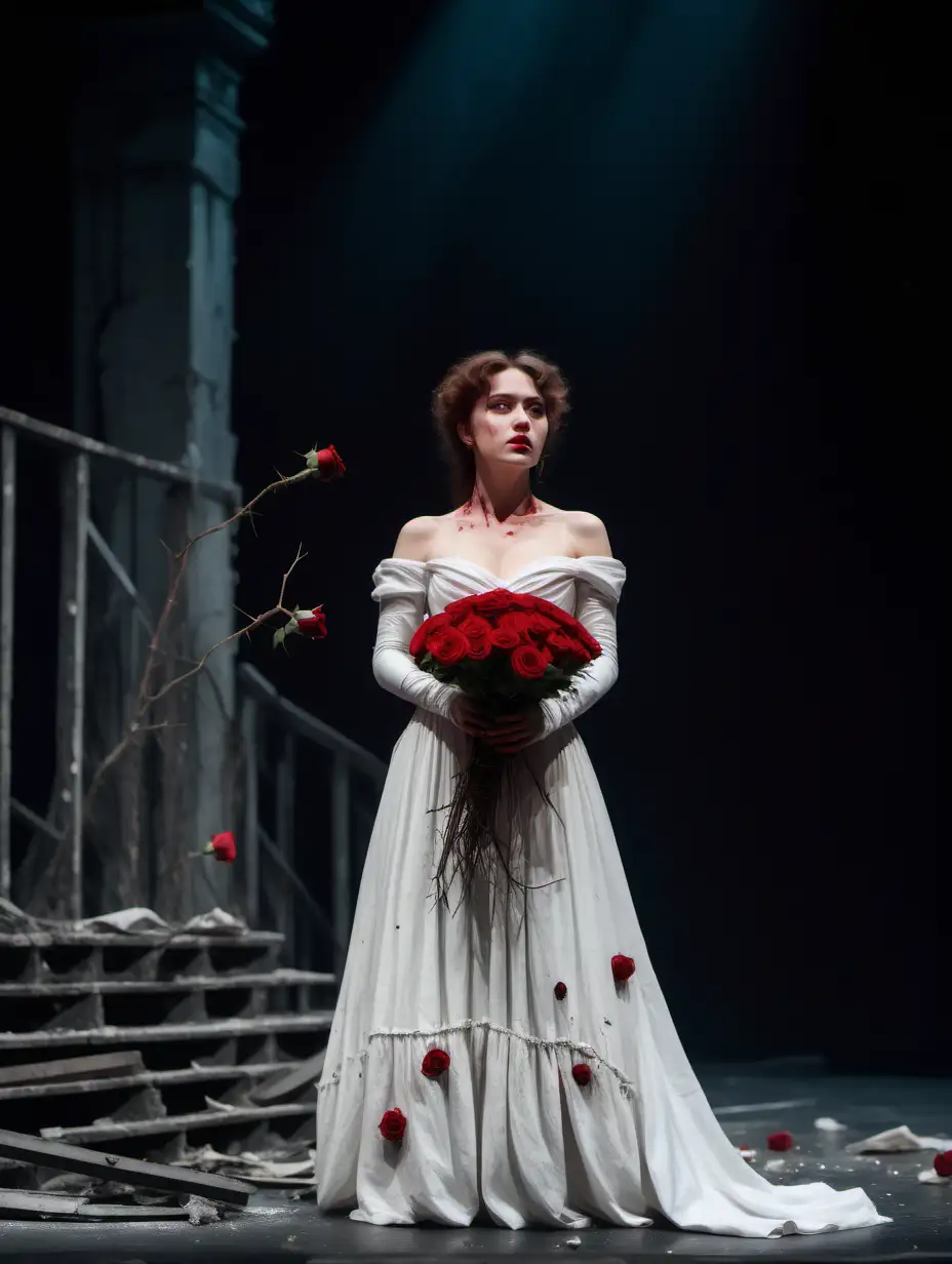 Μια ηθοποιός στη σκηνή ενός γκρεμισμένου θεάτρου με μια ανθοδέσμη με κόκκινα τριαντάφυλλα με αγκάθια που της τρυπούν τα χέρια και λευκό φόρεμα στυλ Άννα Καρένινα κοιτάζει το κοινό