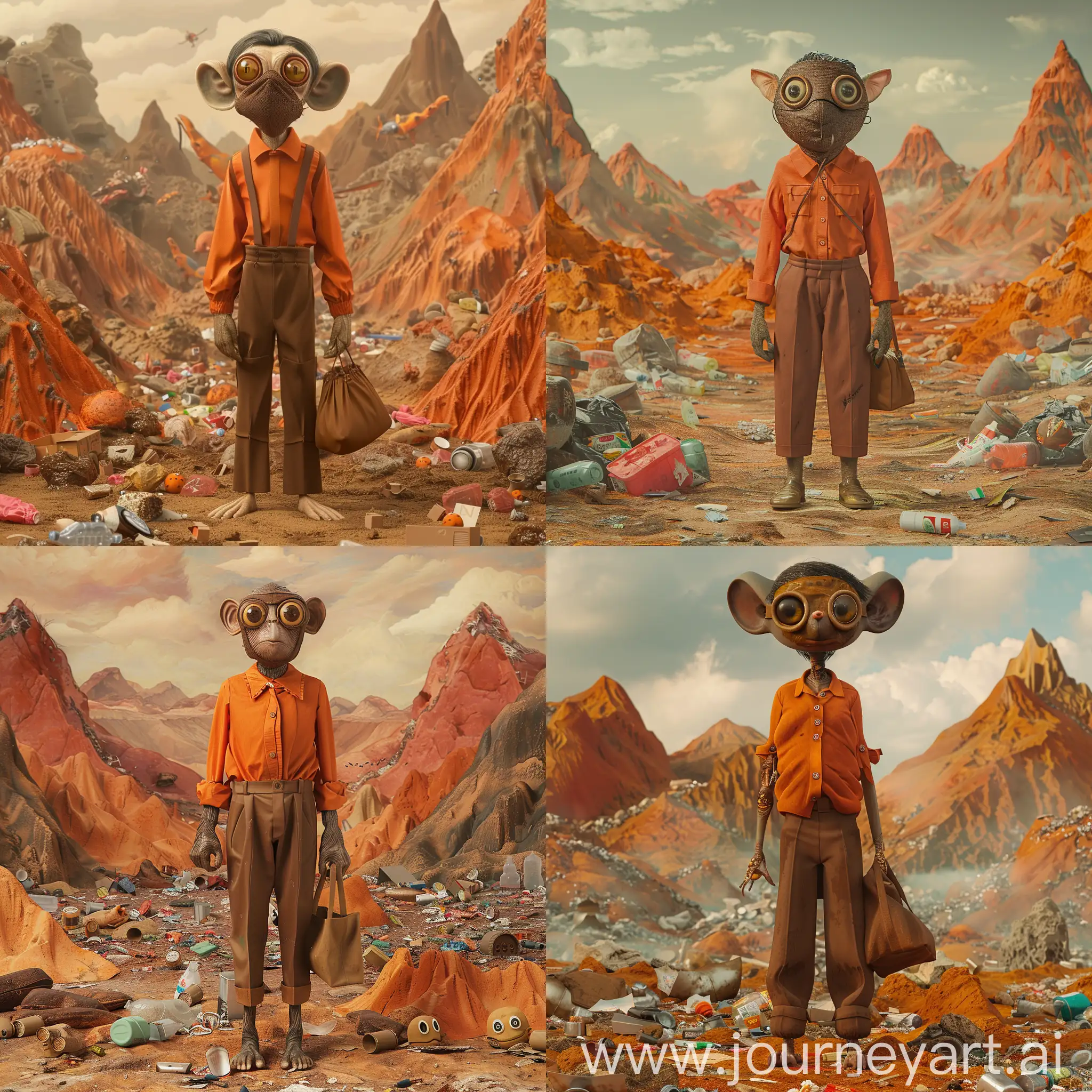Human look a like creature, short legs, long arms to the ground, big eyes, brown mask over nose and mouth, big ears, big hands, big foots, orange blouse, brown trousers, small brown bag, living in a word full of trash, brash orange brown mountains