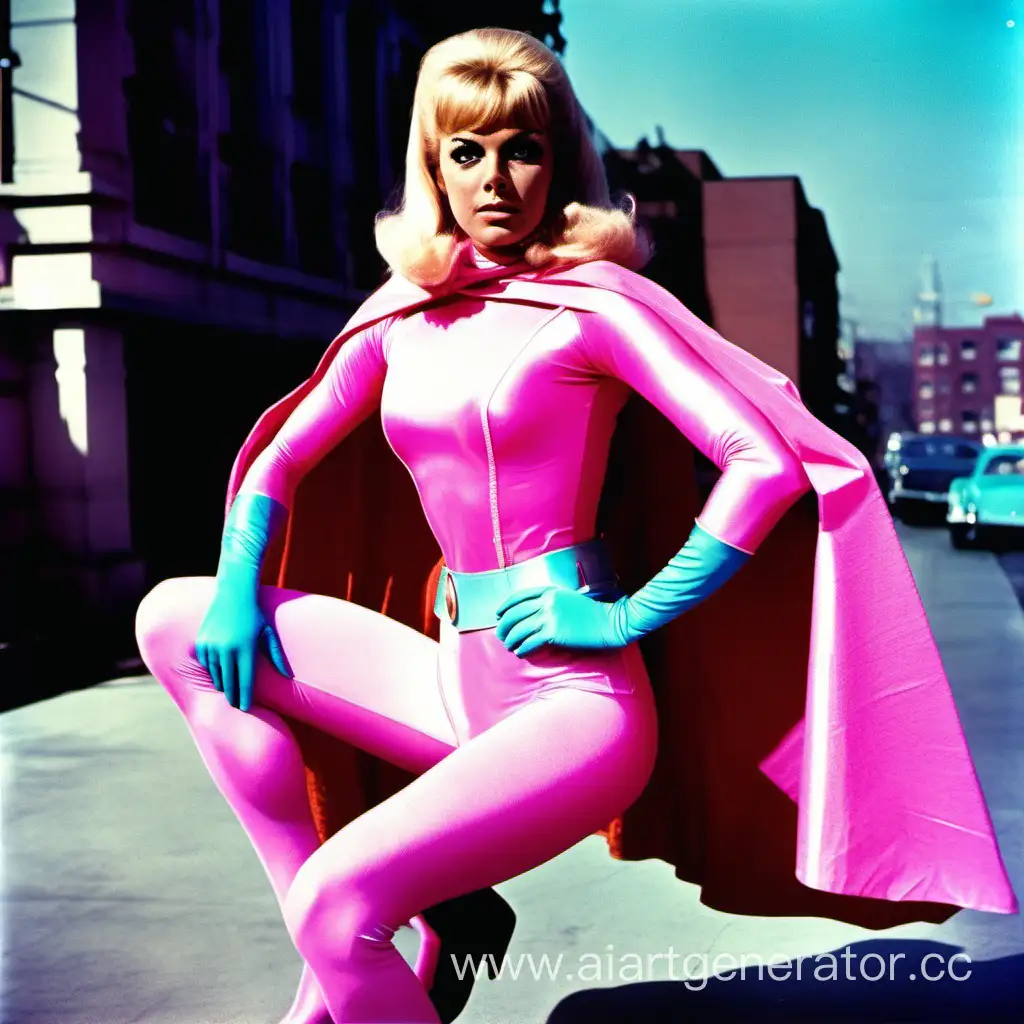 1966 superheroine, actress, pink spandex, pink tights, light blue cape, pink gloves, pink mask, light blue boots, blonde hair, color photo street, detailed