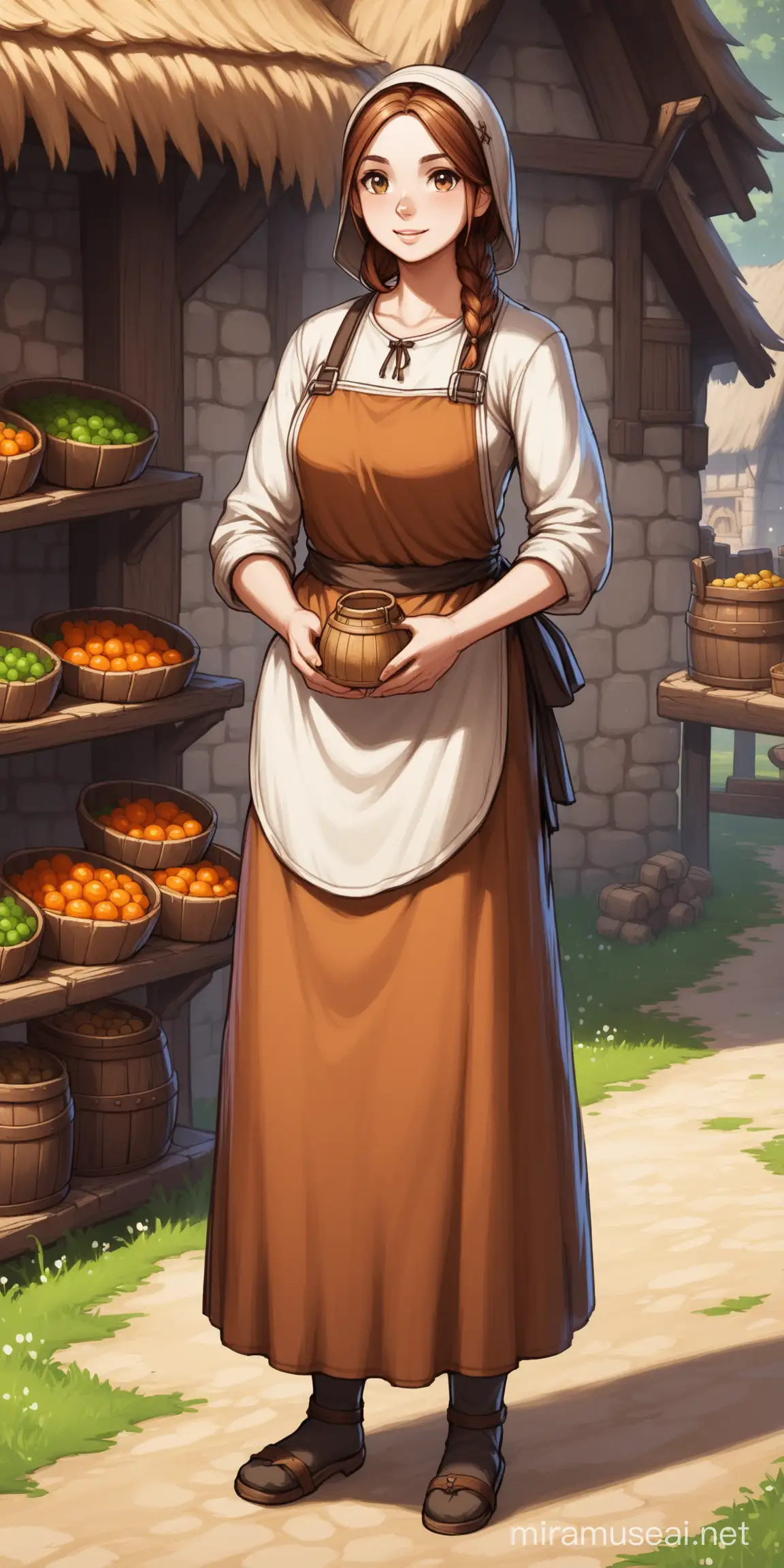 medieval fantasy, villager shopkeeper, female, apron, peasant, concept