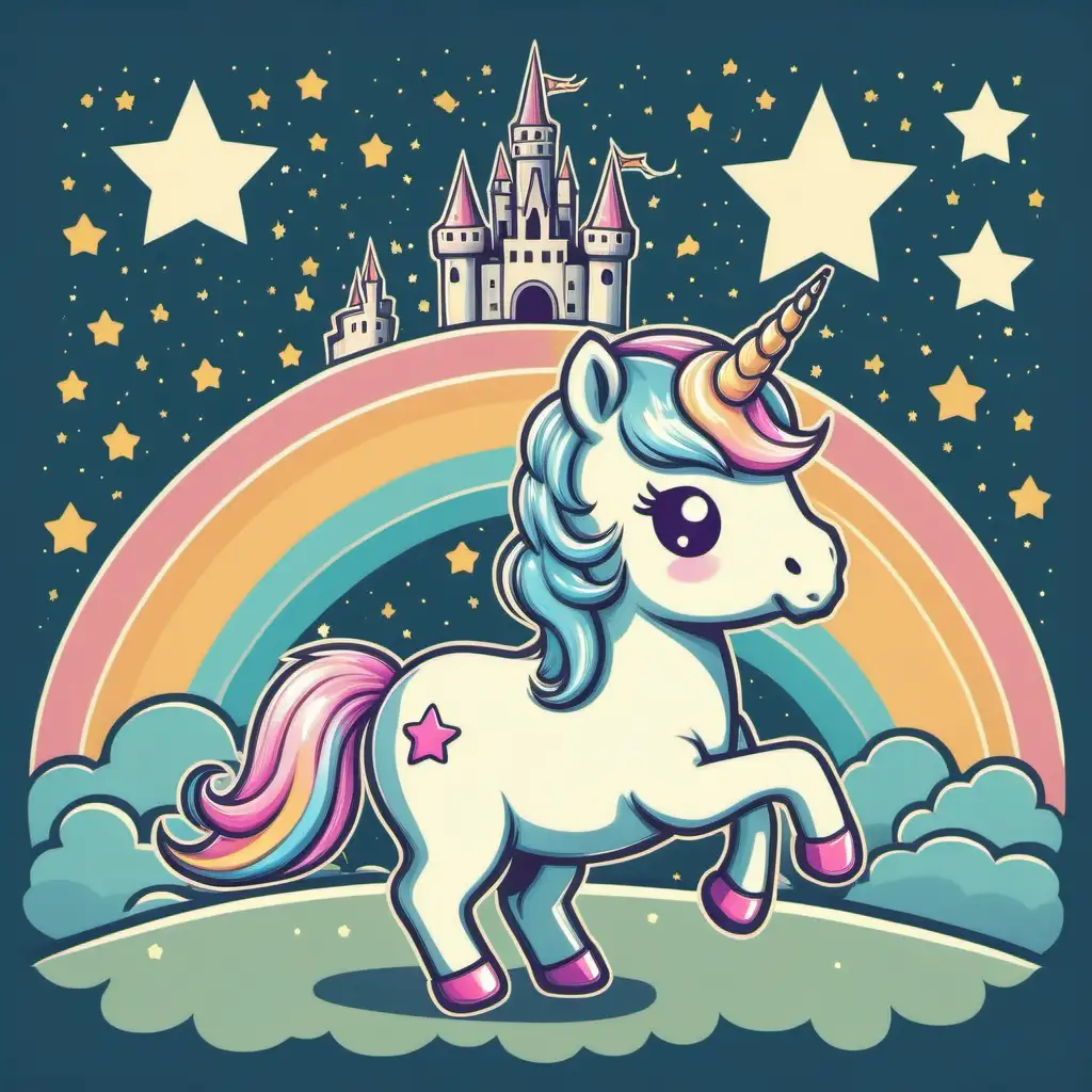 a cute kawaii unicorn with a castle and shooting star in the background in a retro 1970s illustration style