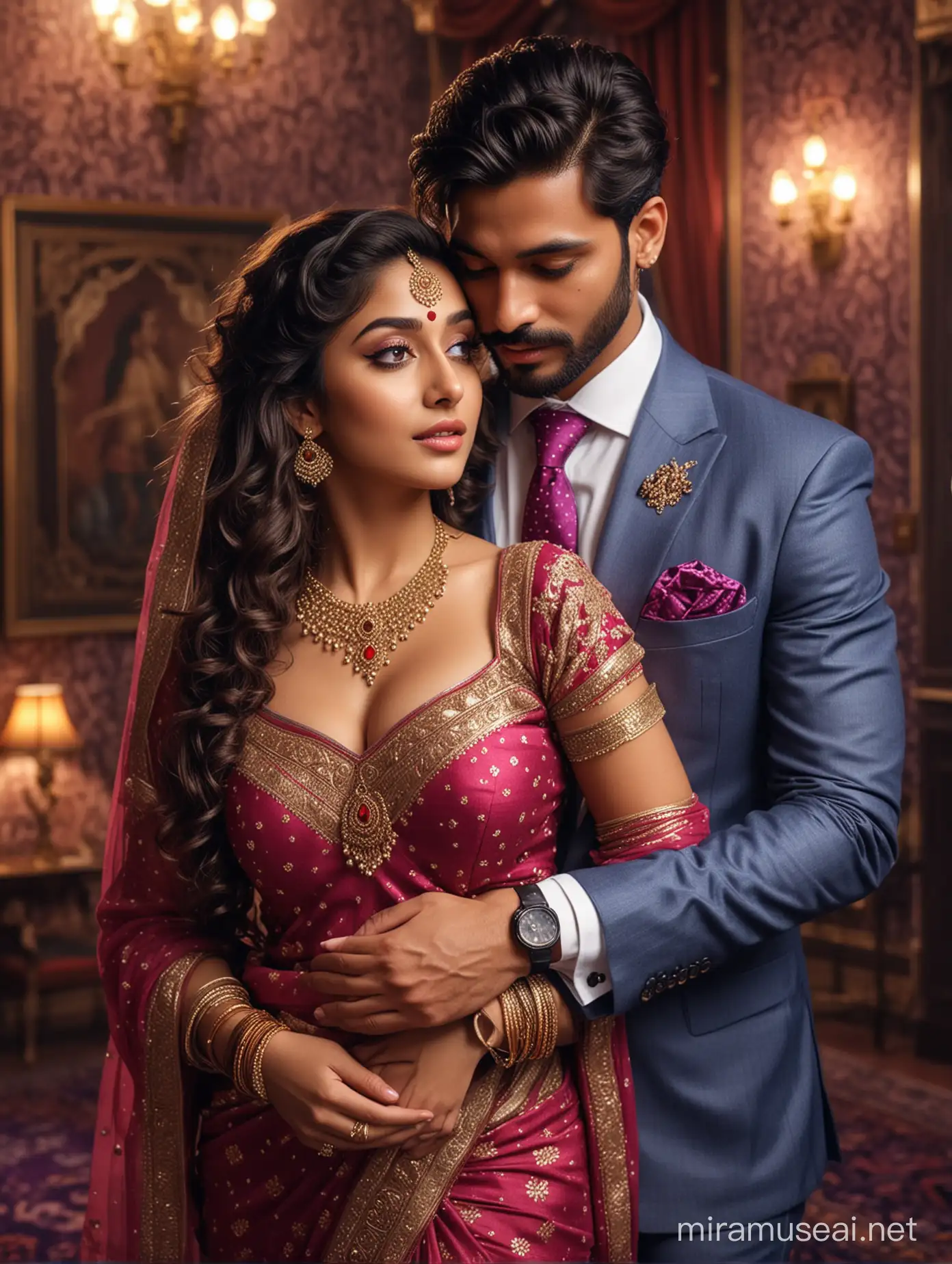 full portrait photo of moST BEAUTIFUL indian couple, most beautiful cute girl in elegant saree, wide black eyes, full face, girl has long curly hair falling on breasts, full makeup, bridal makeup, red dot, full jewelry, hair ornaments, blouse low cut, girl embracing man and resting forehead on chest of man with deep emotion and ecstasy, man comforting girl with hands around her, man with stylish beard and perfect hair cut, suit and tie, photo realistic, 4K.
background, vintage lamps, dimly  lit palace interior ambiance, purple  color  design carpet, interior designs, big window for outside view, romantic atmosphere, intricate details, 8k.