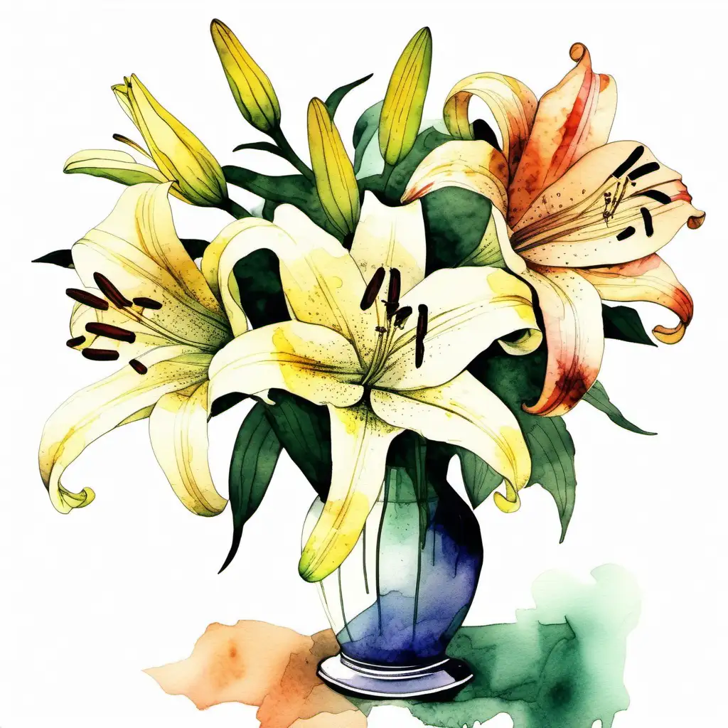 Luminous Watercolor Vase Delicate Lilies Blossoming