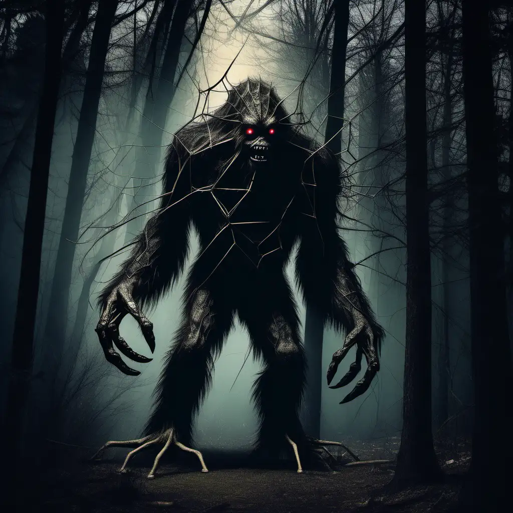 bigfoot-like monster with spider legs in the woods dark background