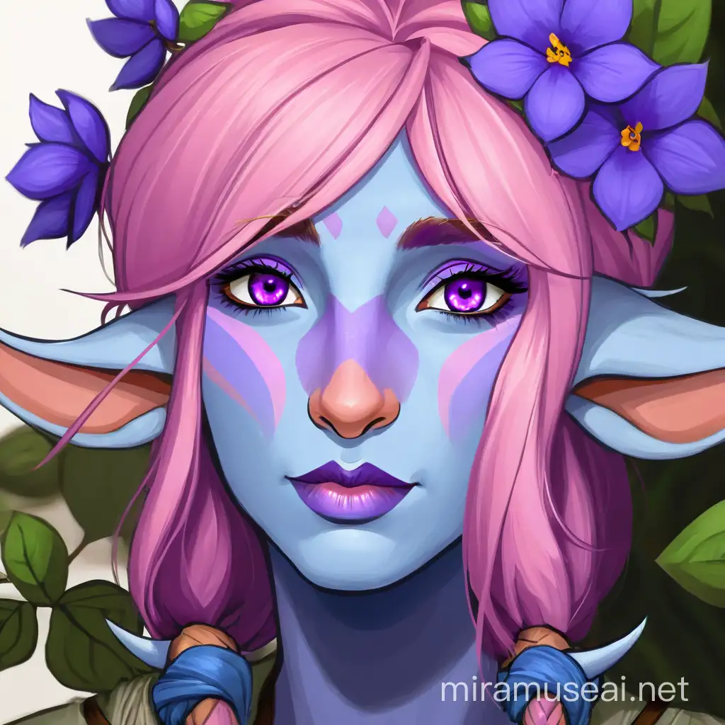 Female firbolg druid. Blue skin, purple hair. Pink eyes. Flat nose