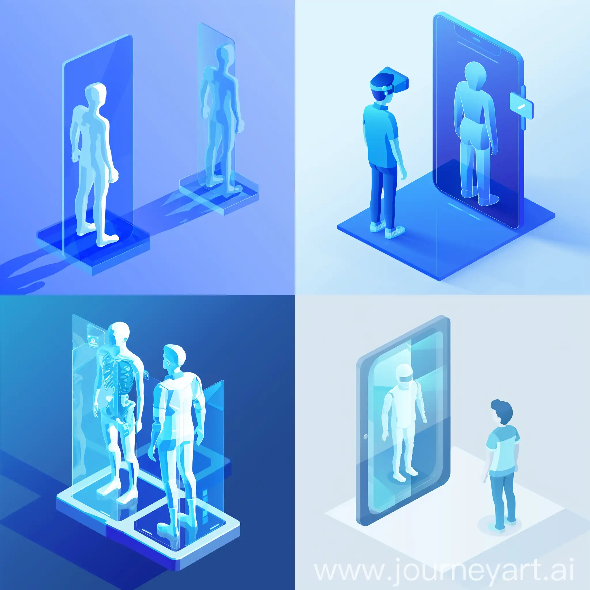 symbolizing a human and a digital avatar, in 3D glassmorphism style, isometric in shades of blue