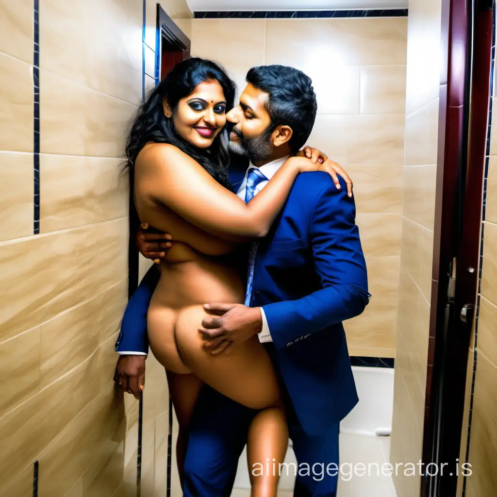 Generate full body front view image of a 40 year old very busty and curvy completly nude Indian woman hugging piggyback her male boyfriend wearing formal suit in a hotel bathroom show their full body shot