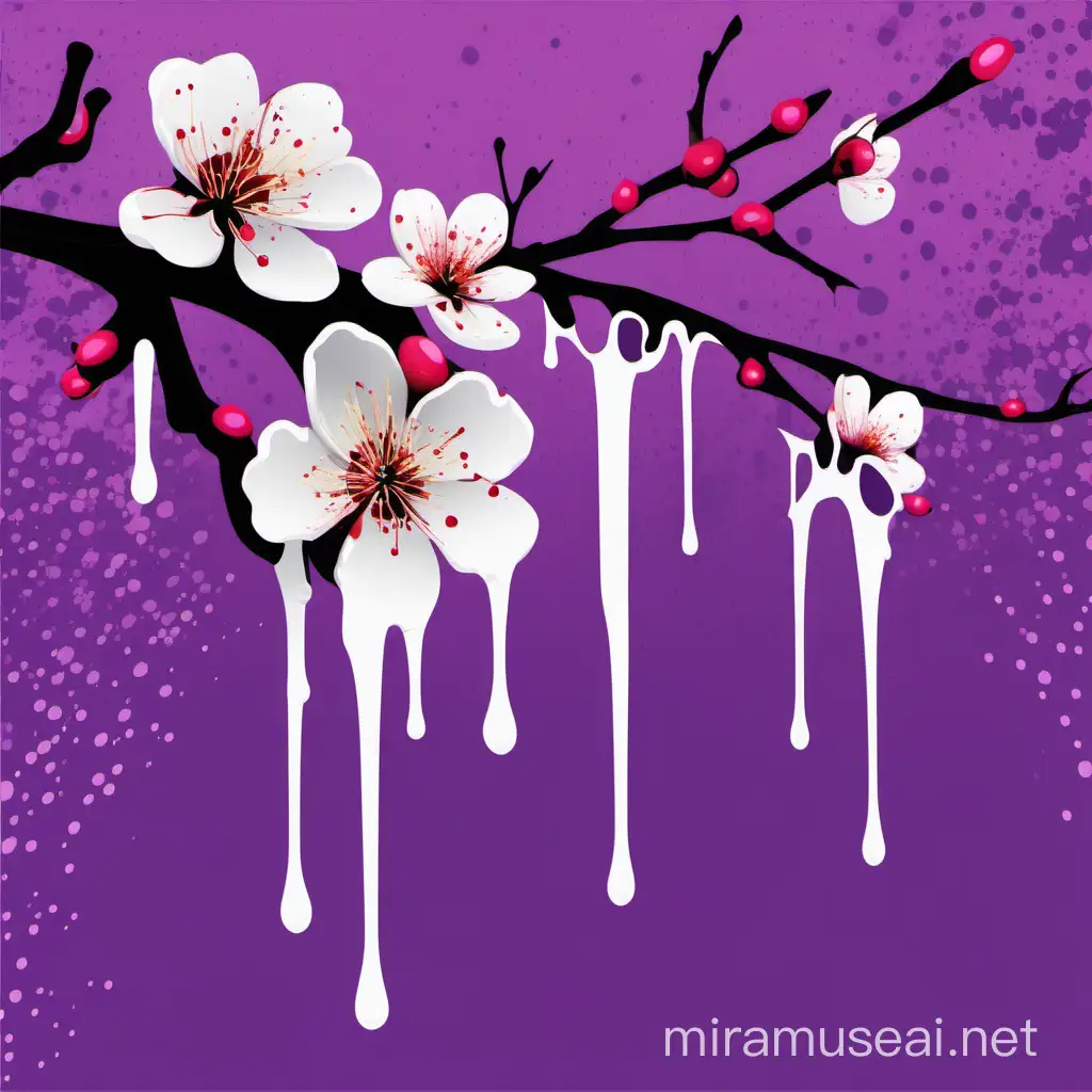 Clip art style plum blossom dripping white paint, purple paint splatters in background