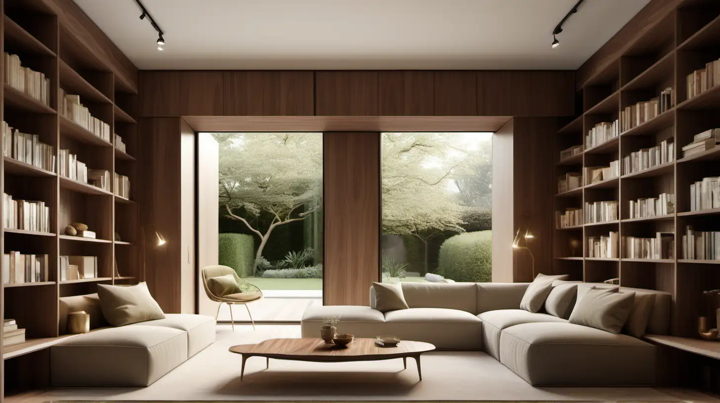 Imagine a large minimalist organic library with built-in floor to ceiling cupboards made from walnut wood with lower cabinets and upper shelving on all walls, a large window overlooking the garden, limewashed walls, brass lighting, a small sofa and side table in the centre of the room