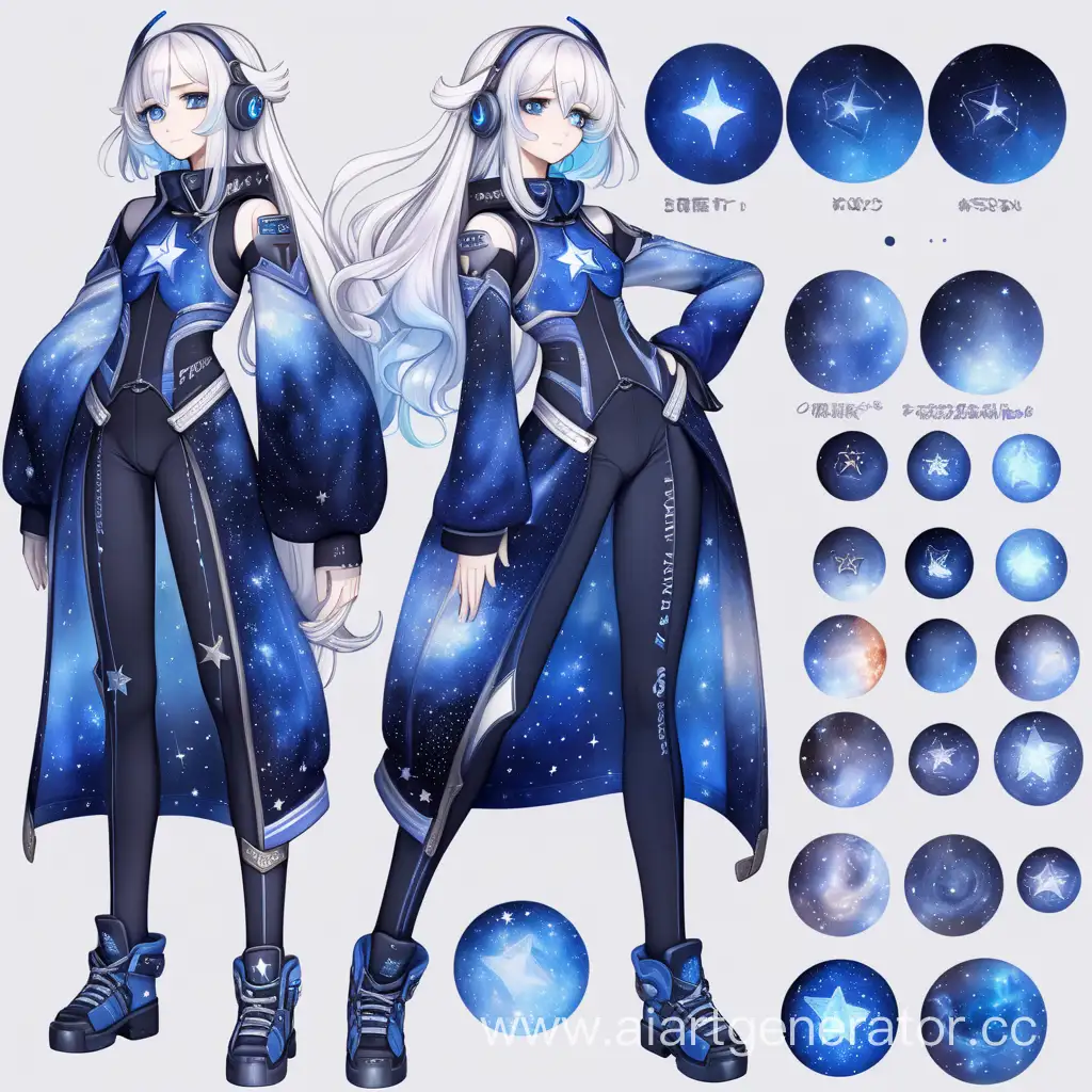 fullbody
perfect face a galaxy theme stars,
 starry theme deep blue clothes with stars 
white eyes,
reference sheet style 
fullbody