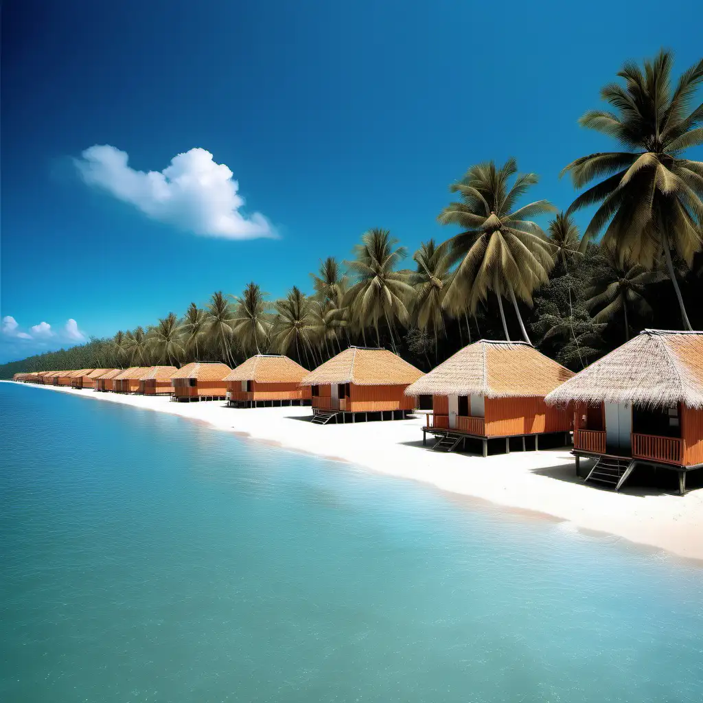 natural longitudinal light blue color extended  beach  image with few  coconut roofs huts 