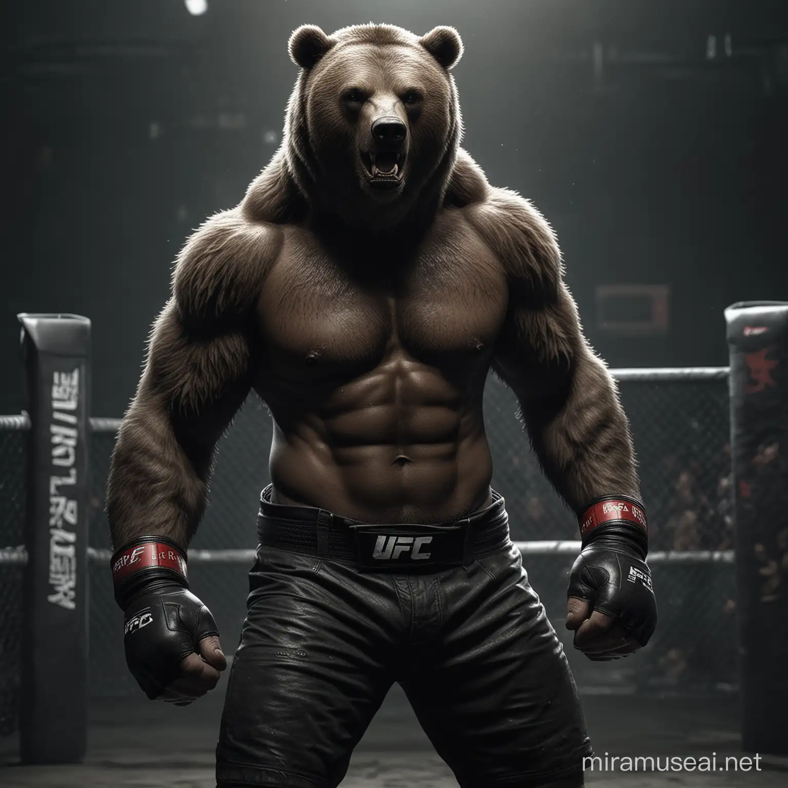 half humanoid bear as ufc fighter,make it serious and dangerous,dark atmosphere,realistic
