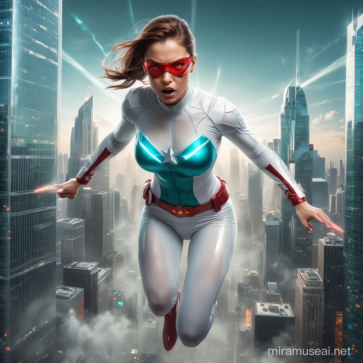 petite female super hero with glowing red laser eyes, wearing white transparent and teal tight clothing, angry,  flying over skyscrapers, full body