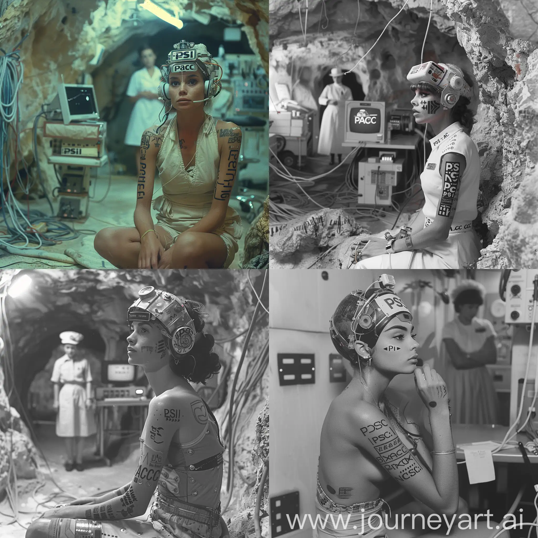"1967 35mm photography. A small intimate clean brightly lit cave, a futuristic female monk with tattoos that say "psi/acc" wearing a headgear with to register brainwaves device, various tech equipment and wires in the background, the word PSI/acc on the computer screen ,sitting next to brainwave register monitor. a human  in a maids uniform  Is guarding in the background --s 750 --v 6.0"