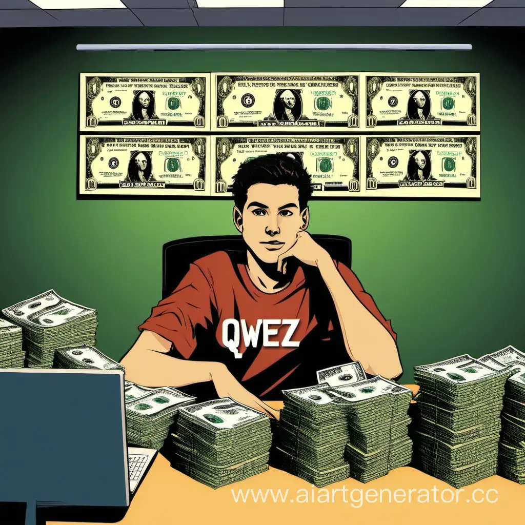 A young guy sitting at a computer, a bunch of dollars on the table behind him, a sign hanging on the wall behind him, it says qwez