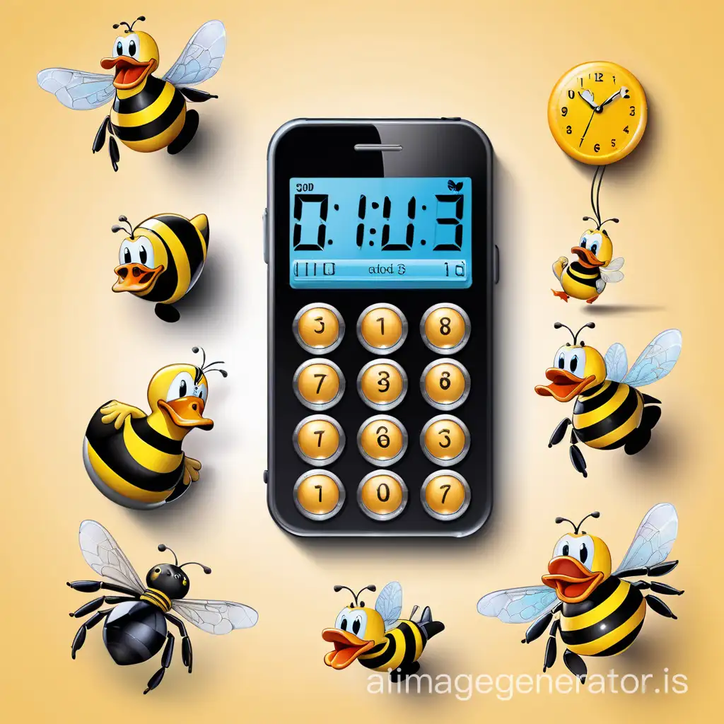 button mobile phone, 1 duck, 1 bee, 1 spider, dial of an analog clock