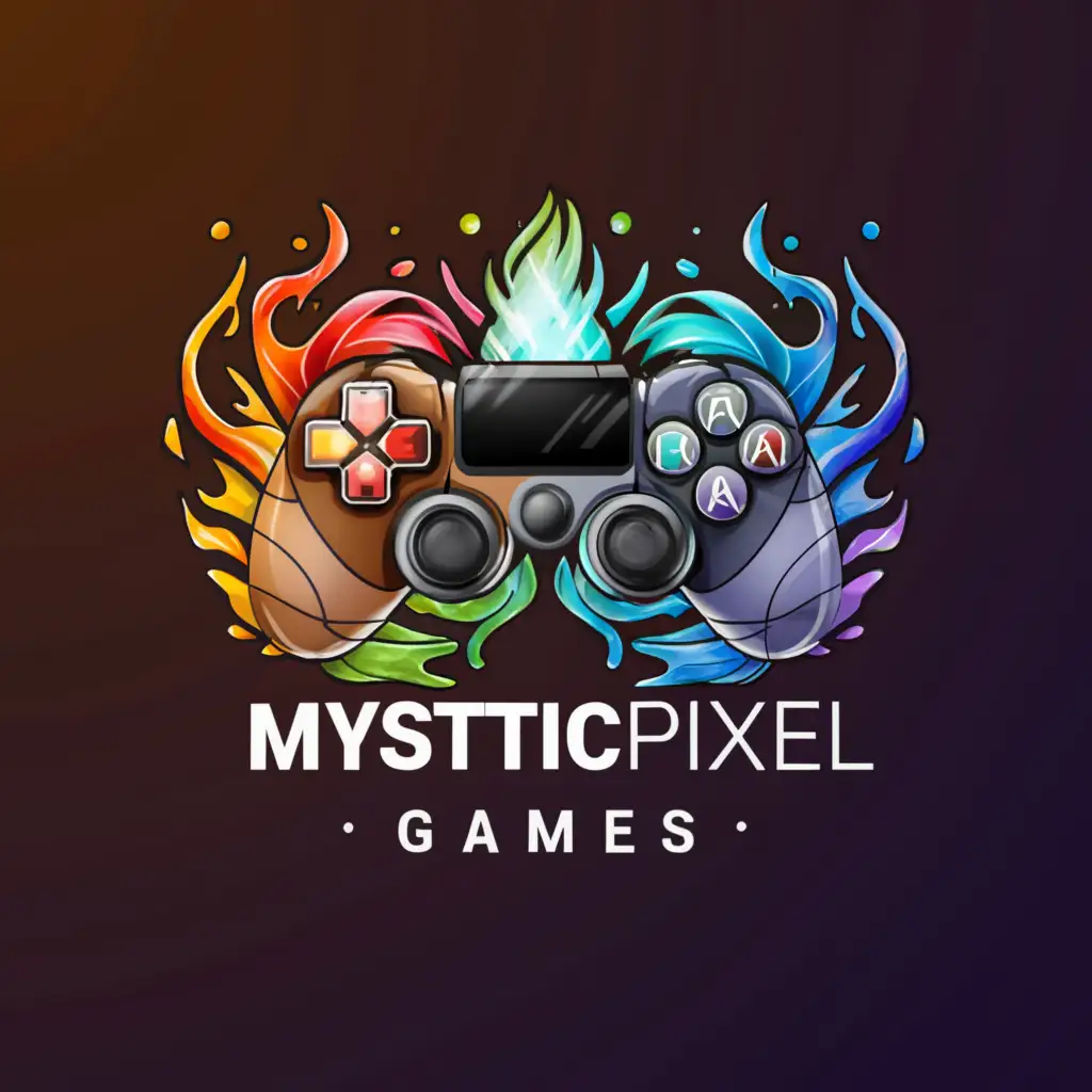 a logo design, with the text 'MysticPixel Games', main symbol: Video Game, Moderate, be used in Entertainment industry, clear background Incoperate the elements of Air, Water, Fire and earth