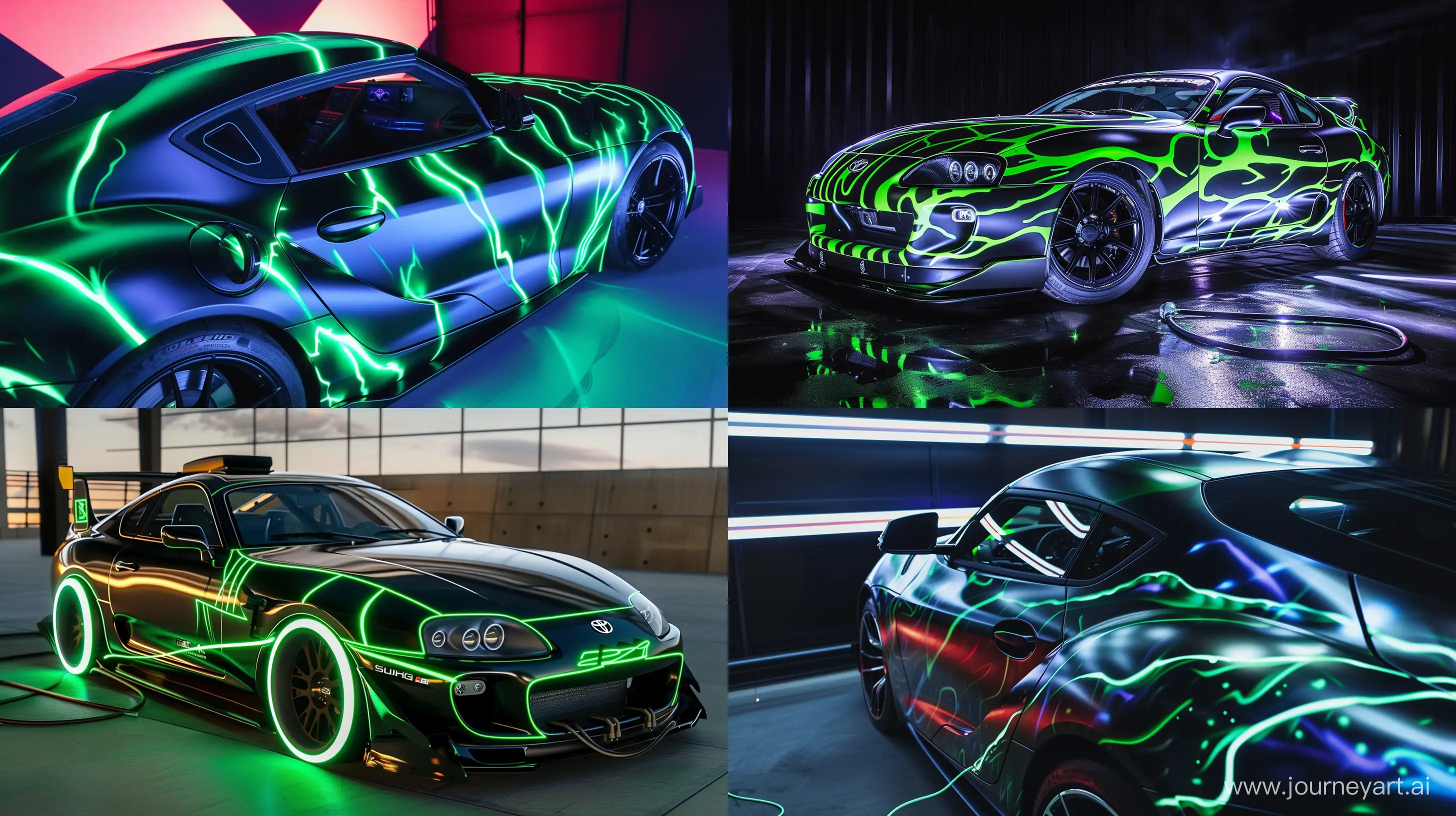 Close-up shot of a Supra mk4 that lights up with vibrant black and green electric power --ar 16:9 --s 0 --style raw --v 6 