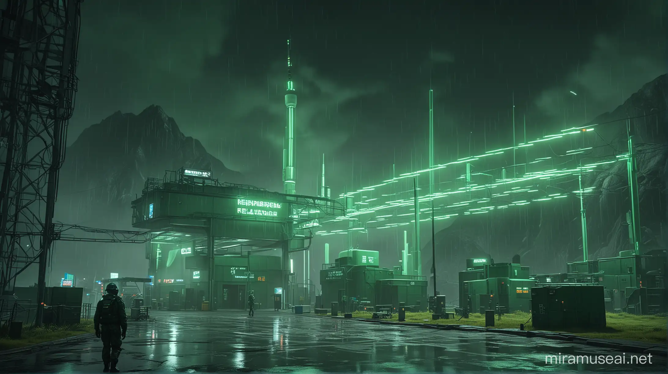 Realistic research centers buildings with one worker around it, green neon and huge neon lights inside the part, its color shadow on the floor, Rainy weather, staff in dark green uniforms and helmets, Atmospheric and cinematic, The huge structures, A dark green smoke rose from the research centers environment and spread in the air, The image space is outside the realistic research center.
with huge satellite antennas,
A huge cubic green neon object,
in the Realistic mountains.
atmospheric and cinematic.
All overall dark green image theme.
Very big lights and lots of green neon lights.
The neon lights in the image should be very bright throughout the image.
The neon lights in the picture should be very bright in the dark
The neon lights in the picture should be very bright.
Very large and bright neon lamps in the structure.
Shades of green throughout the image.
3D.
Several large advanced and strange buildings nearby.